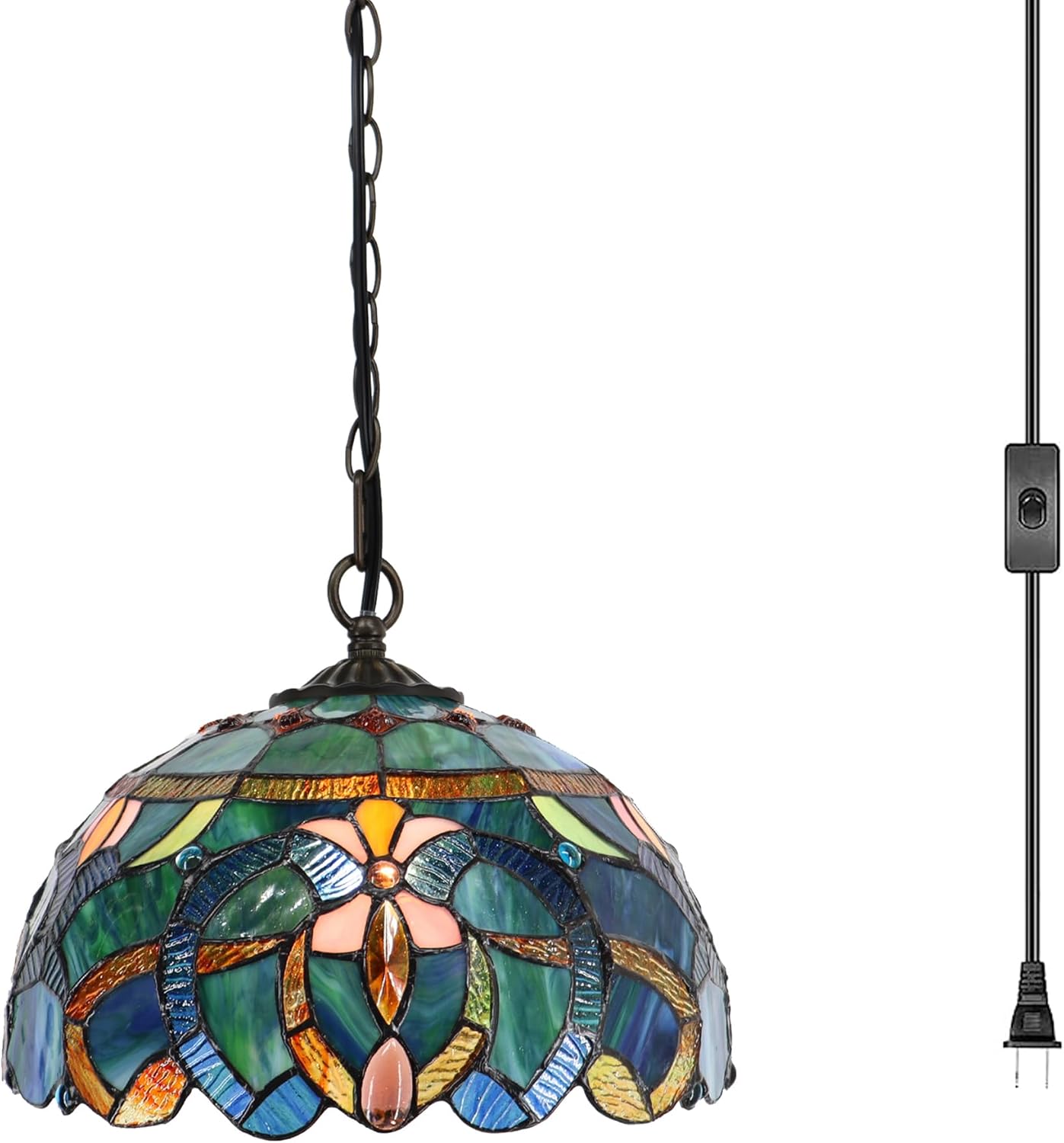 Tiffany Pendant Light Plug in, 12 inches Stained Glass Hanging Lamp, 39 Inch Chain, 15 Feet Cord Living Room Bedroom Kitchen Dining Room Office (Blue Baroque Style)