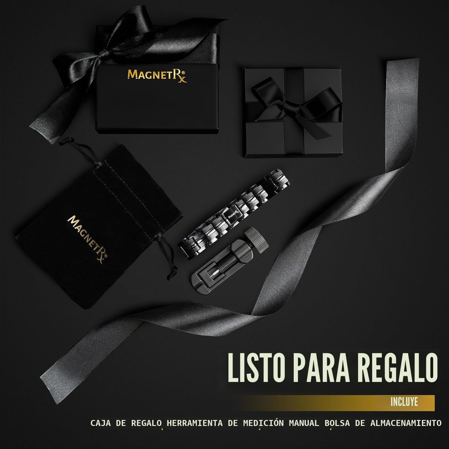 MagnetRX® Pulsera Magnética Ultrarresistente - Brazaletes Magnéticos de Acero Inoxidable para Hombres – Pulsera de Longitud Ajustable con herramienta de Medición para un Ajuste Perfecto (Negra)