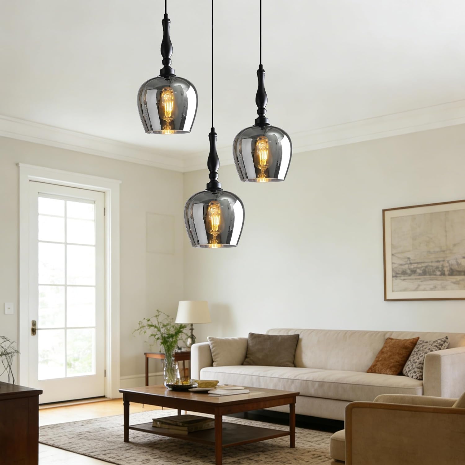 Modern Pendant Light Kitchen Island, Boho Chandelier, 7.87" Bell Shape Hanging Lamp Ceiling Lighting Fixture with Glass Lampshade (Clear)