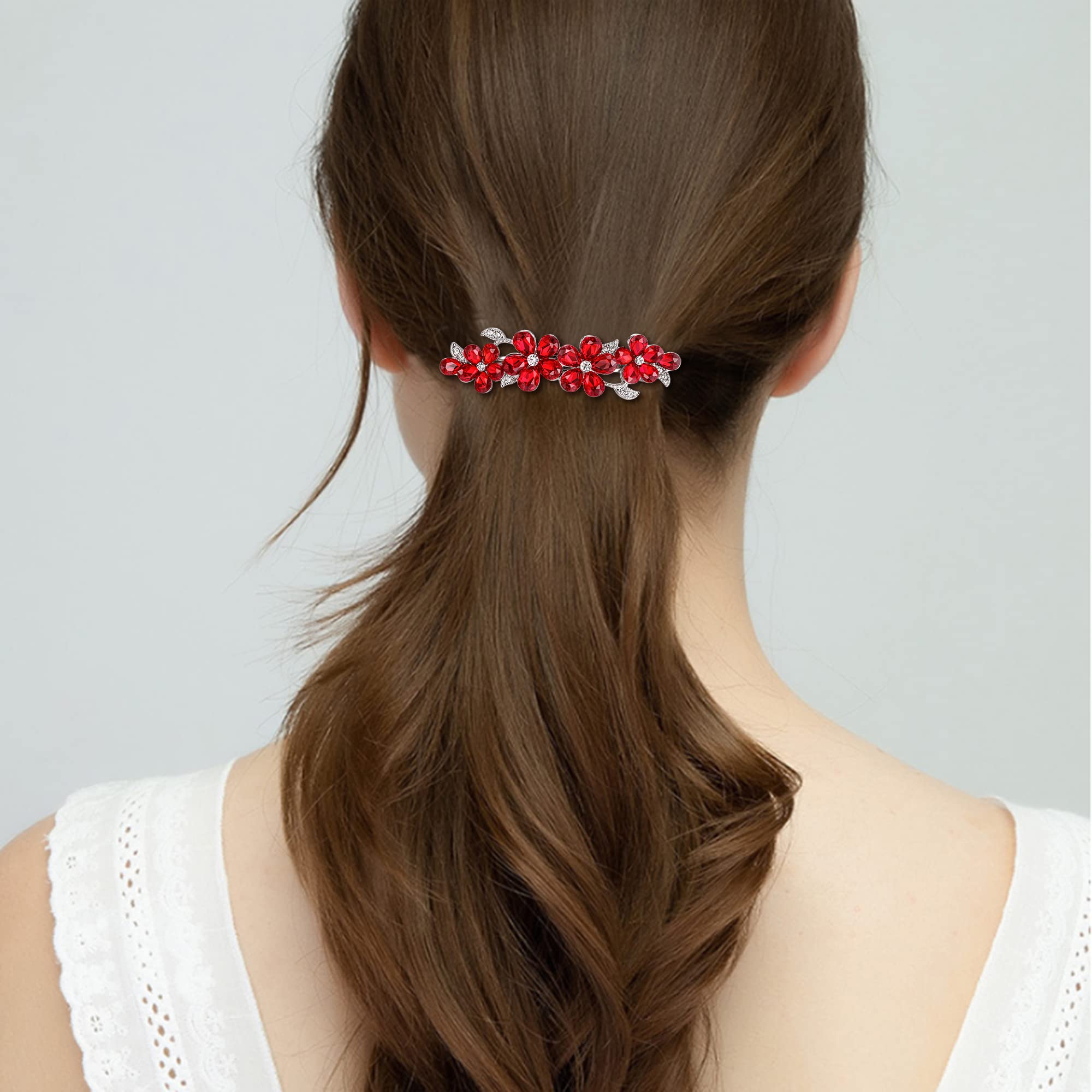EVER FAITH Tocados de Boda Horquilla Mujer Cristal Austriaco Accesorio de Lágrima de Hoja de Flor de Ciruelo de Primavera Rojo Tono Plateado