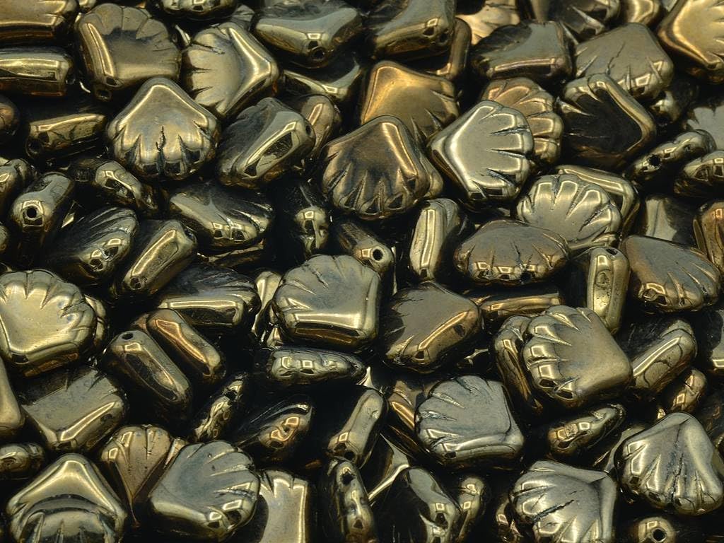 10pcs Pressed Beads Shell, Black Travertin (23980-86800), Glass, Czech Republic (0.55 x 0.55 inches)