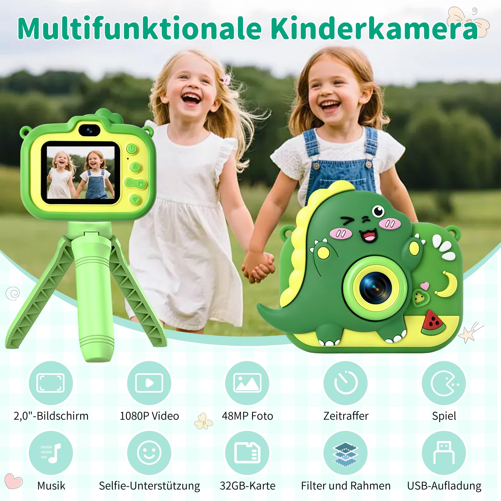 Kinderkamera, 1080P HD Digitalkamera für Kinder mit 2,0" Bildschirm & 32GB-Karte, Geschenke für Geburtstag Weihnachten, Fotoapparat Spielzeug für 3-12 Mädchen Jungen