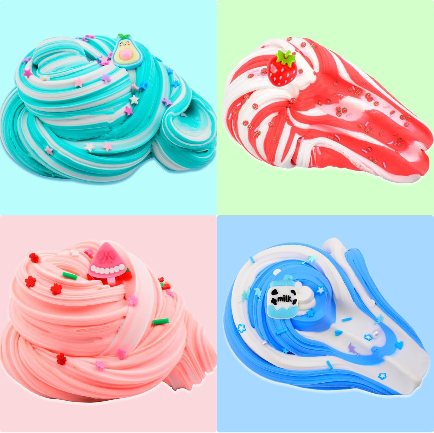 Dual Colored Butter Slime Kit 12 Pack, Scented, Stretchy, Non-Sticky, Premade Slime with Peach, Strawberry, Avocado Charms, Perect Birthday Gifts Party Favors Stress Relieft Toy