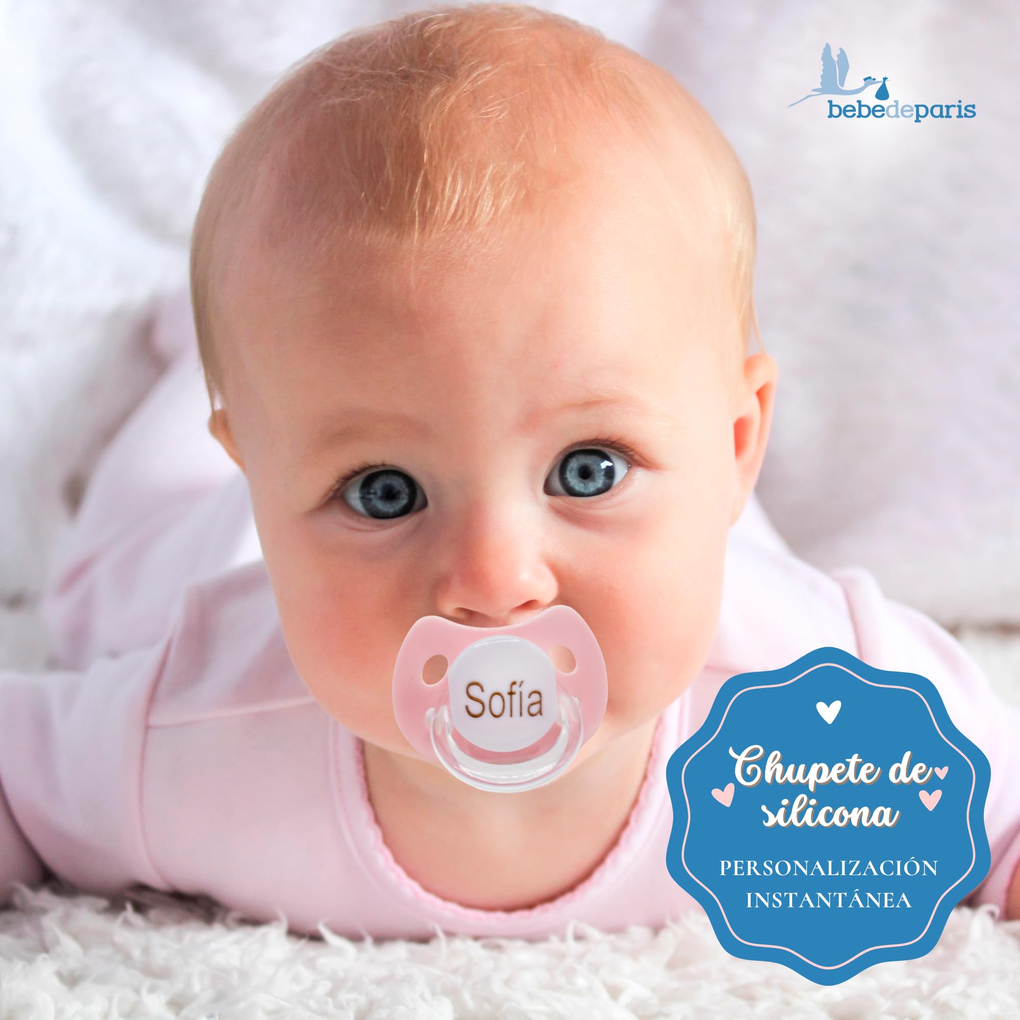 Canastilla Bebe Recien Nacido | Incluye Dos Chupetes + Chupetero y Babero Personalizados + Hechos a Mano en España (Rosa) | BebeDeParis
