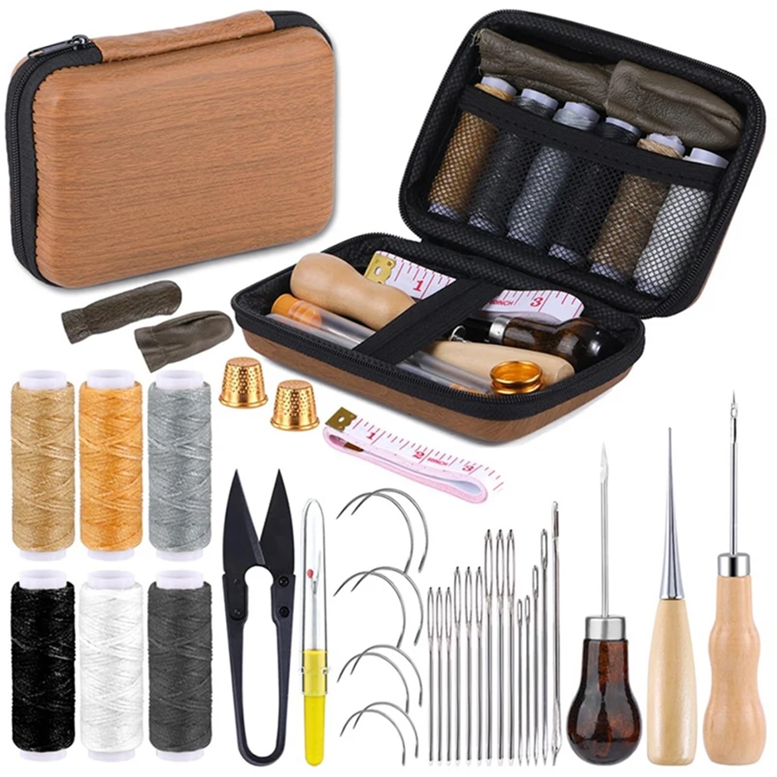Sewing Kit Compact and Portable 1 SetLeather Sewing Kit Upholster Repair Stitching Tool Set with Thread Curved Needles Awl Seam Ripper Thimble Scissor(Type1)