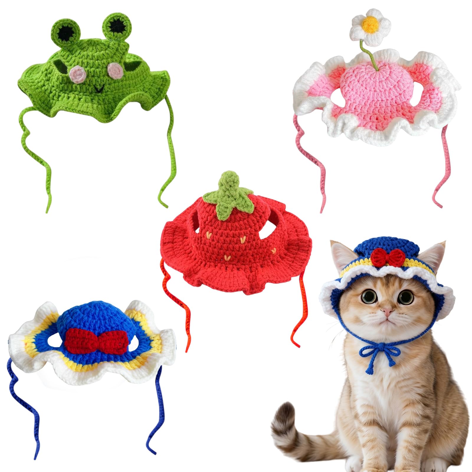 4 Pcs Cat Hat, Cute Crochet Cat Hats with Ear Holes and Adjustable Tie, Flower Strwaberry Frog Knitted Hats, Soft Washable Outfits for Parties Birthday