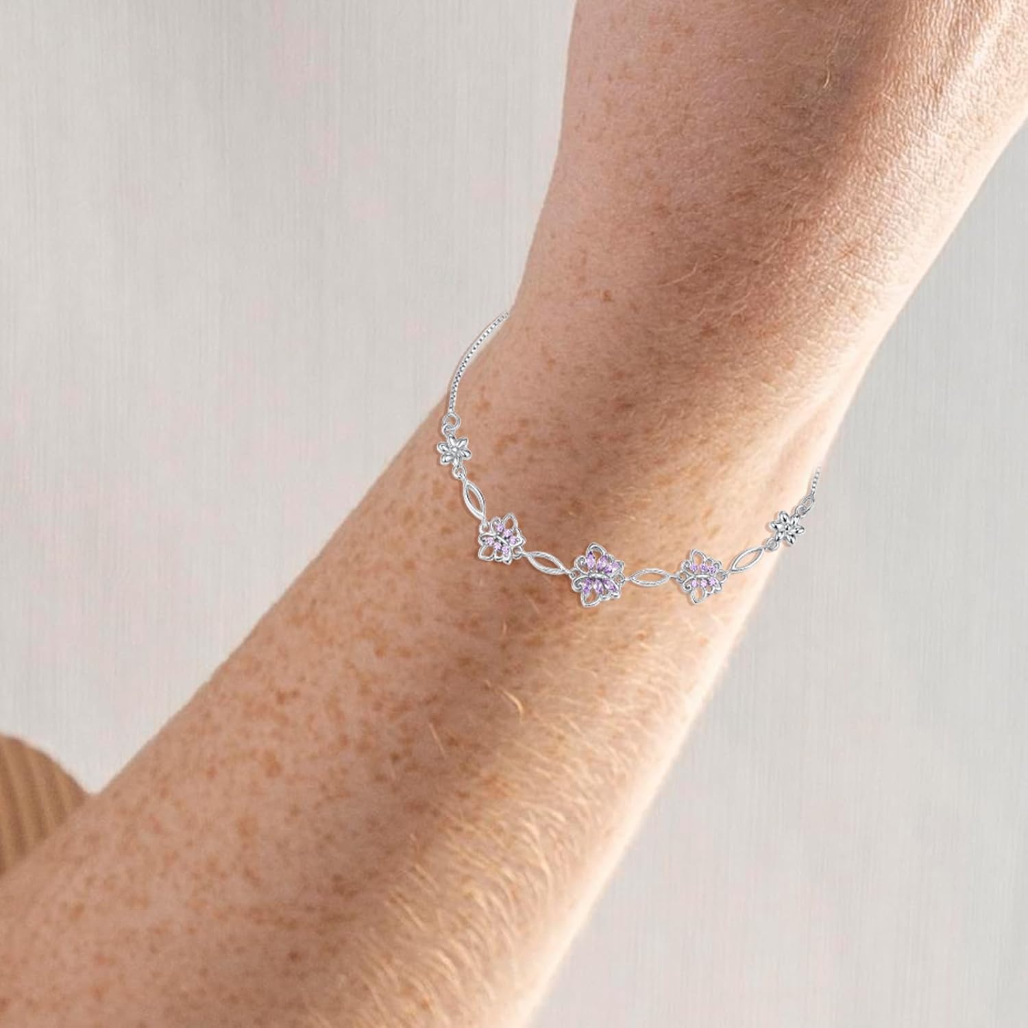 AENEAS Valentines Day Gifts for Women Her 925 Sterling Silver Purple Butterfly Bracelet Jewelry Adjustable Charm Flower Bracelets Anniversary Holiday Christmas Birthday Gift for Women Wife Her