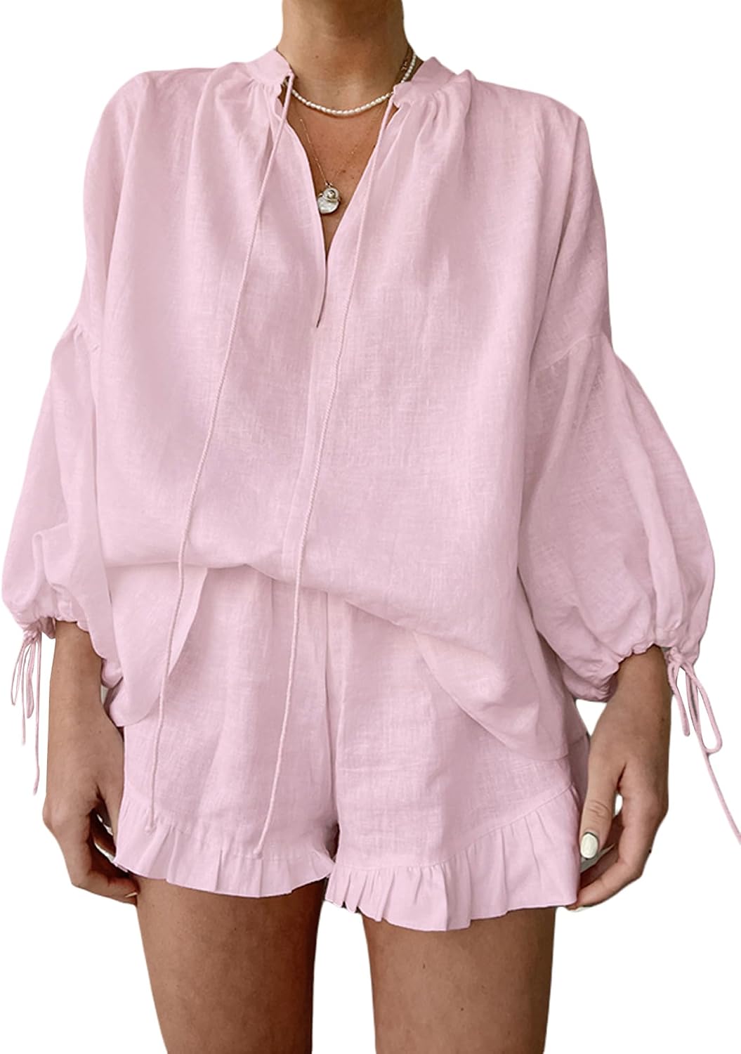 Women Linen Shorts 2 Piece Outfits Tie Front Long Sleeve Shirt and Ruffle Shorts Tracksuit Matching Lounge Set