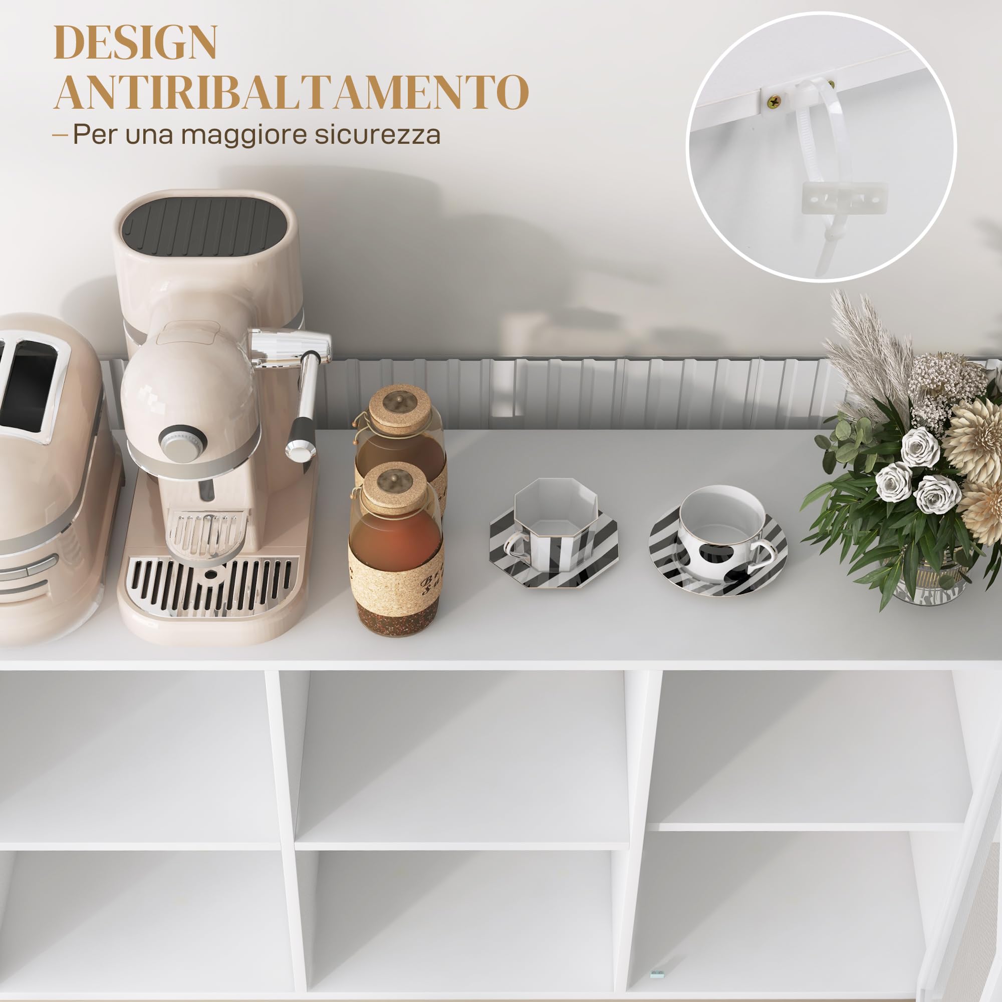 HOMCOM Mobile Buffet Credenza 4 Ripiani Regolabili 120x37x81.5 cm Bianco | Armadietto con Anta a Rete, Ripiani Aperti, Mobile Contenitore, Truciolato e Acciaio