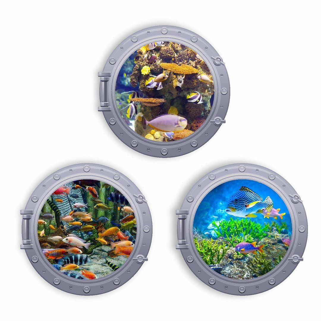 CVANU Colorful Fishes Mock Window View Wall Sticker Decal for Home Decoration Items Round-Shape Multicolor Size(35CM X 35CM)_C10