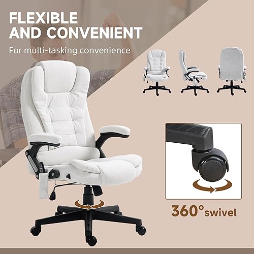 Miniatura 8 de HOMCOM Silla de oficina de masaje vibratorio de 6 puntos con calor, silla de oficina ejecutiva de lino con respaldo alto y respaldo reclinable,