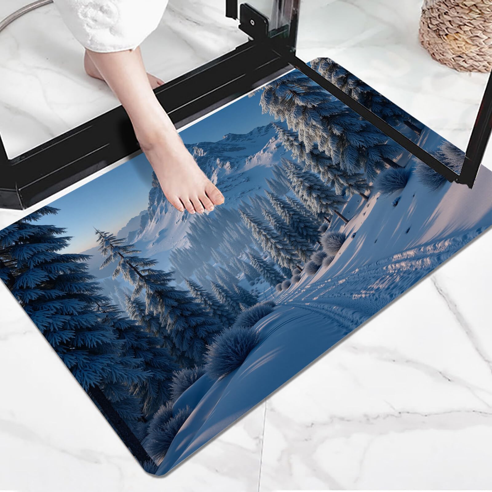 Tapete Azul Blanco Pinos En La Nieve Puerta Felpudo De Entrada Exterior Atrapar Suciedad Alfombra Paisaje Invernal para Interior Jardines Cocina Pasillo Trasera Delantera, 80X120Cm