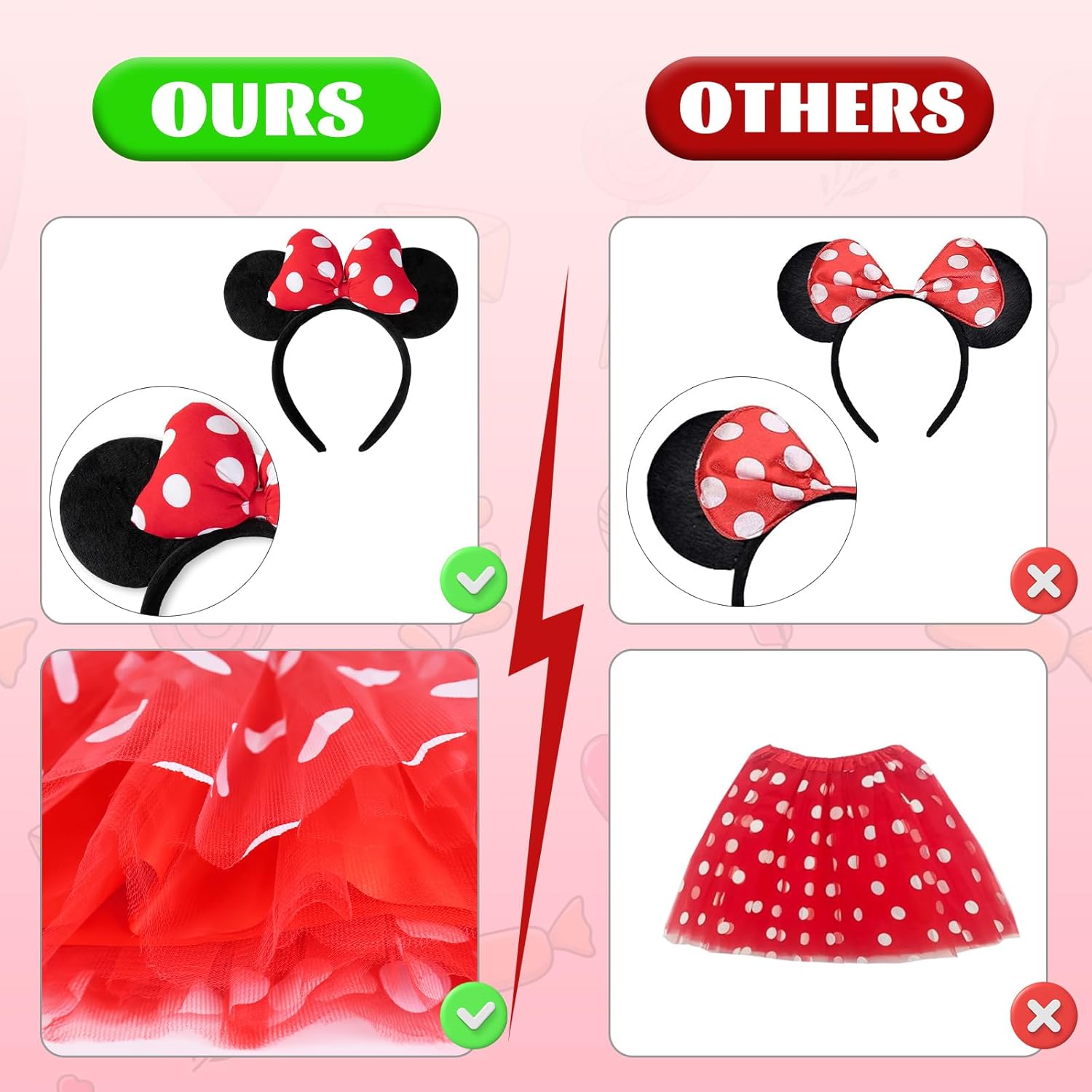 Takmor 4PCS Mouse Costume Accessories, Ear Headband 4 Layers Red Polka Dot Tutu Women Mouse Costume Adult Black Nose for Halloween Christmas Dress Up - Image 3