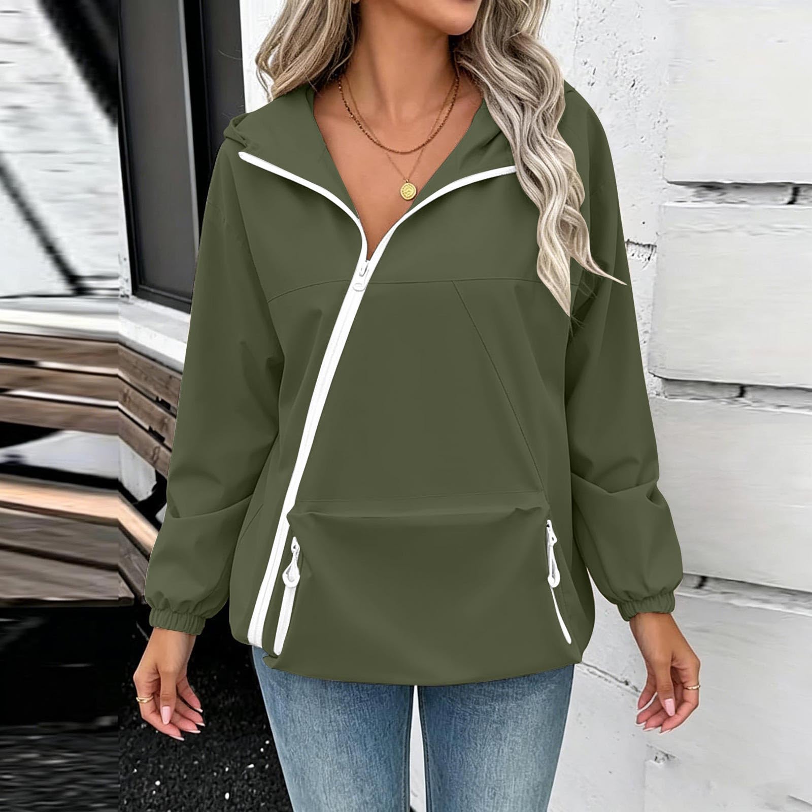 Veste Imperméable Femme Zippé Coupe Vent Avec Capuche Ciré Veste À Capuche Légère Manteaux Fine Décontracté Ample Parka Imperméable Avec Poches Pour Randonnée Camping Cyclisme