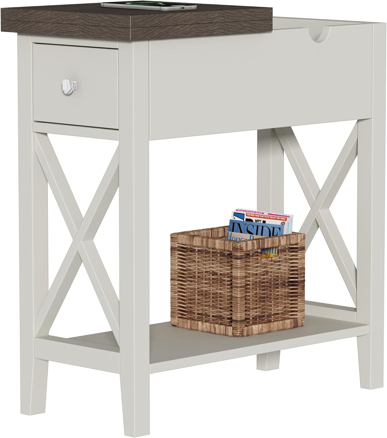 ChooChoo Farmhouse End Table with Drawer, Accent Small Side Table Nightstand for Living Room, Bedroom, and Small Spaces, Soft White