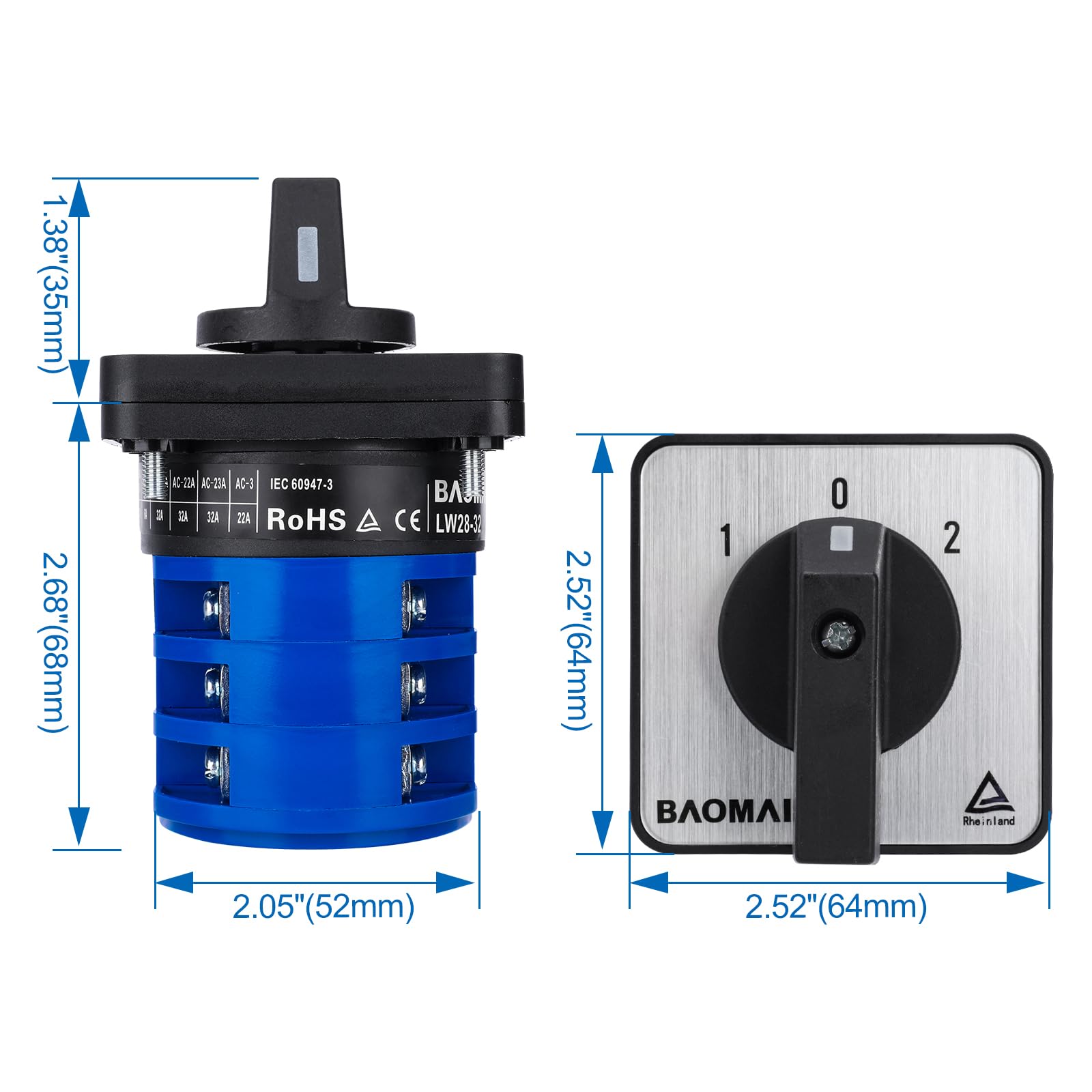 BAOMAIN Commutatore rotativo universale con interruttore principale, alloggiamento esterno, on/off, 690 V, 32 A, 3 posizioni, 3 fasi, approvazioni CE, IP66, LW28-32/D303.3D