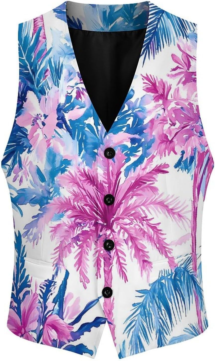 Watercolor Tropical Plants Floral Trees Men's Suit Vests Waistcoat V-neck Formal Dress Tuxedo for Business