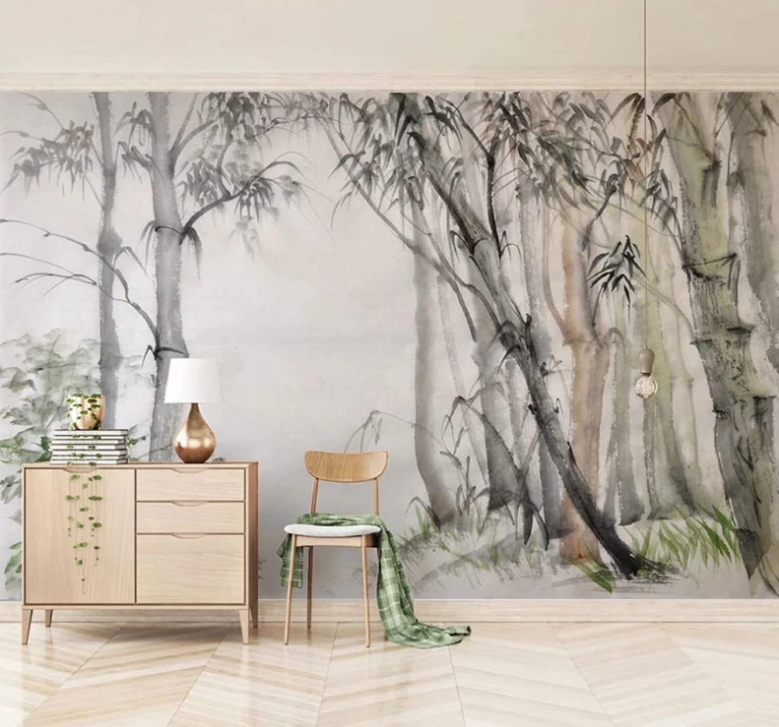 XLMING Retro Hand Drawn Ink Wash Bamboo Grove Landscape 3D Wallpaper Luxury Silk Study Dining Feature Sofa Grey Bedroom Living Room Tv Decorative Wall-250cm×170cm