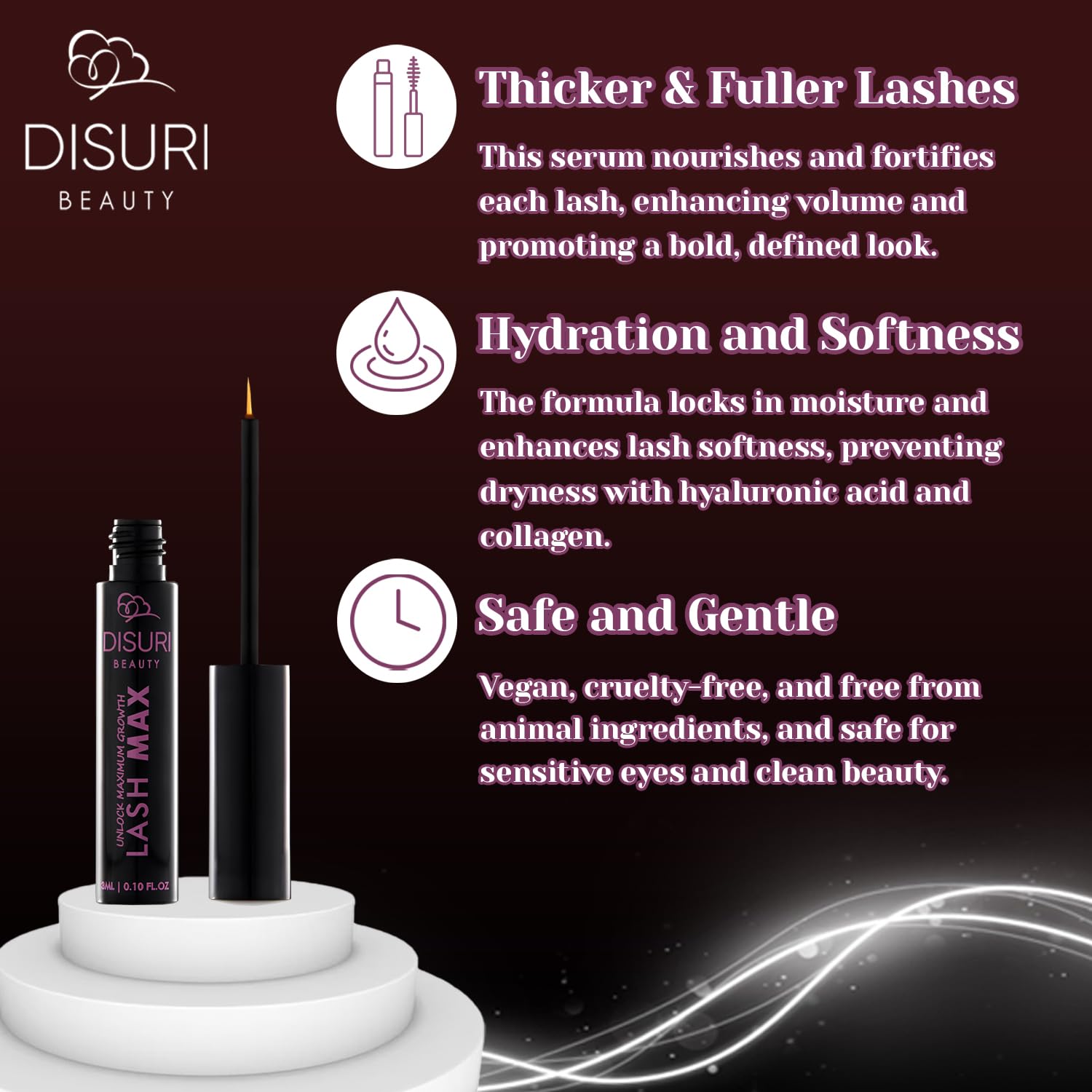 DISURI Beauty Lash Max Eye Lash Serum Growth (3ML) - Perfect for Everyday Use - Waterproof Eye Lash Serum with Advanced Formula - Safe and Gentle - Get Thicker and More Defined-Looking Lashes