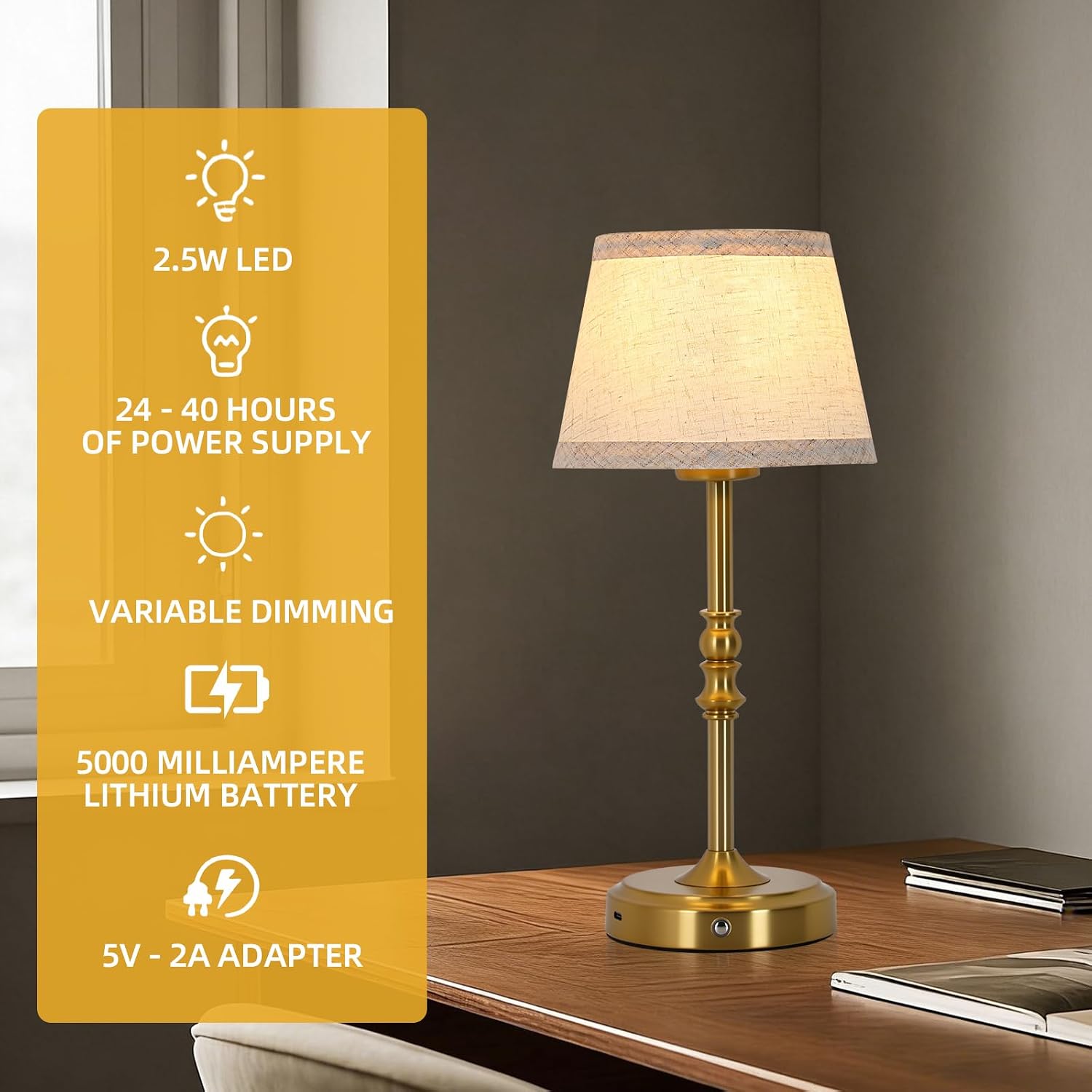Gold Rechargeable Battery Operated Desk Lamp, Touch (2-Pack) image 5