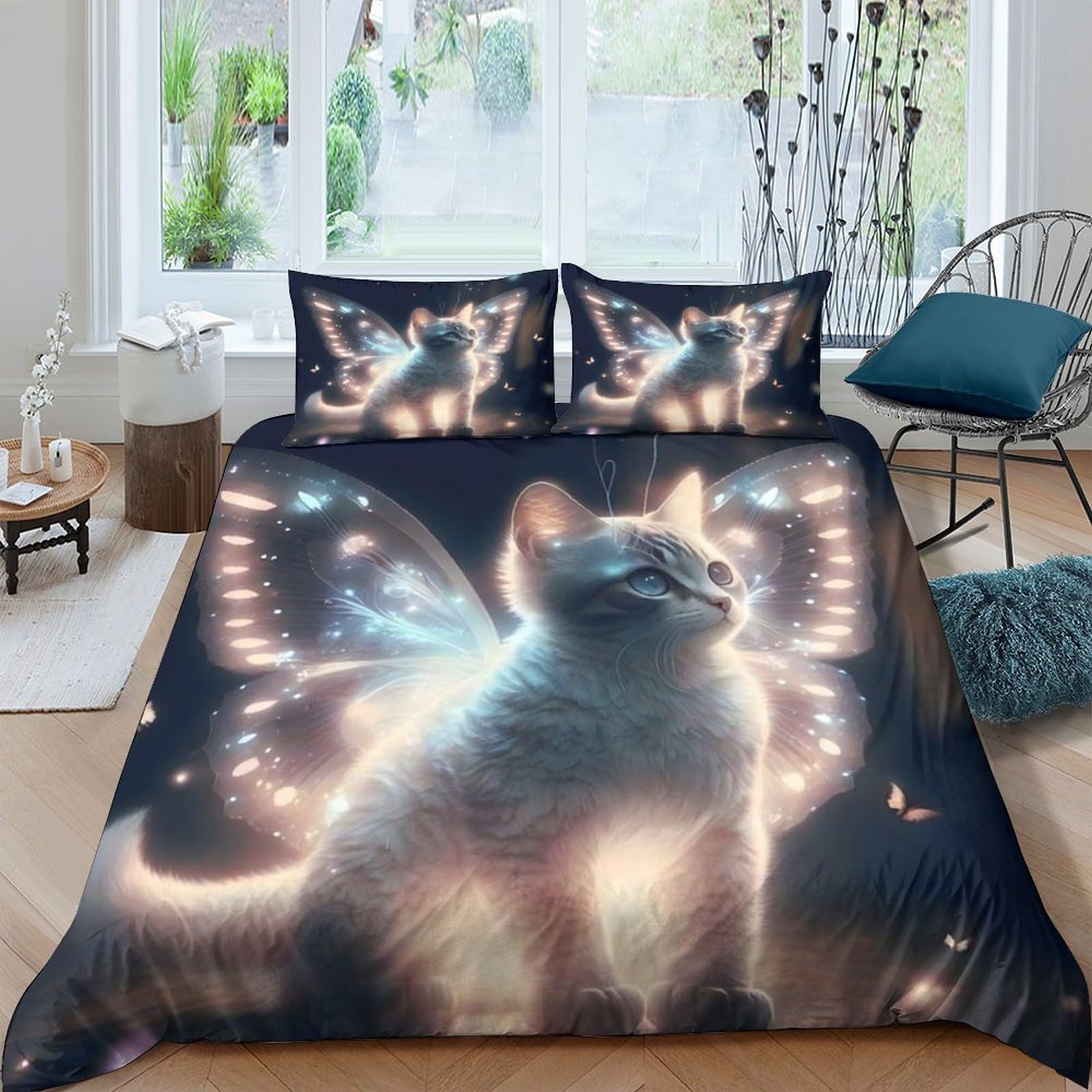 P5V6M1Q9 3D Printed Fairy Cat Duvet Cover Set Microfiber Soft Breathable Glow Butterfly Quilt Cover with 2 Pillowcases for Bedroom Home Single（135x200cm）