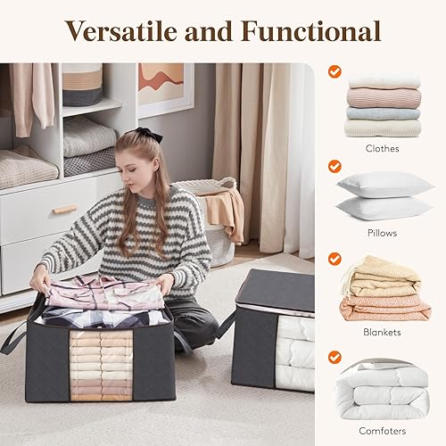 Miniatura 21 de Lifewit Paquete de 6 contenedores de almacenamiento de ropa con tapas, bolsas de almacenamiento plegables para mantas con cremalleras, ventana Gris