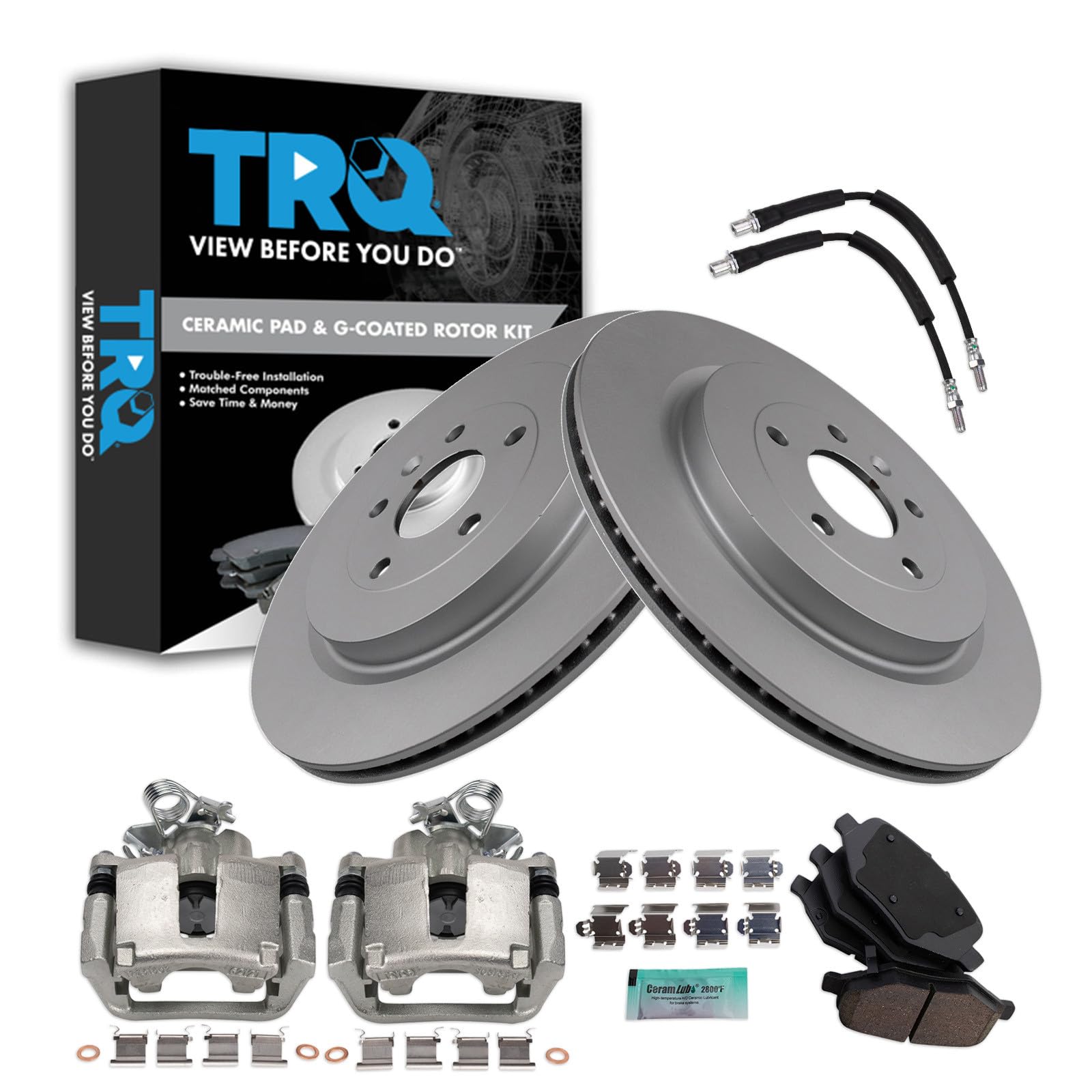 TRQ Rear Brake Pad and Rotor Set Ceramic G Coated Rotors Calipers Compatible with 2013-2014 Ford Flex 2013-2018 Police Interceptor Sedan 2014-2018 Special Service Police Sedan Taurus