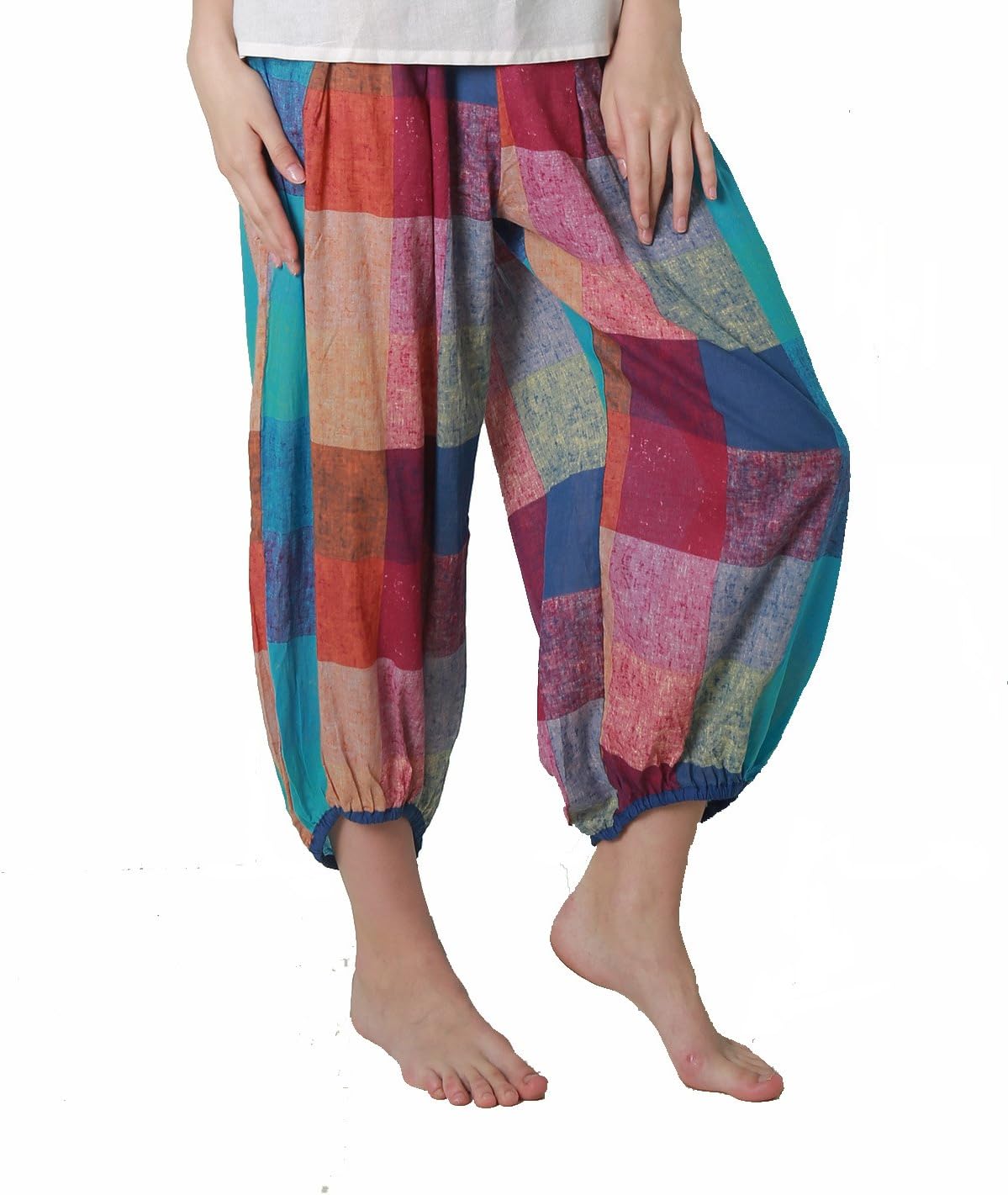 LALUNESSE Women's Bohemian Elastic Waist Loose Wide Leg Ninth Harem Pants, Checker, Small
