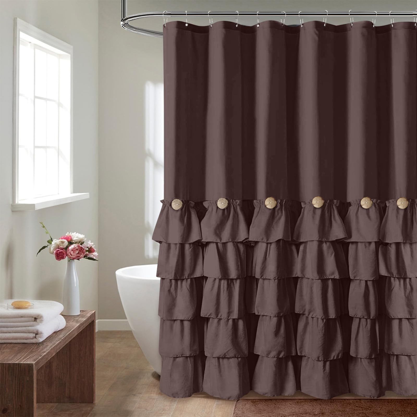 Seasonwood Brown Shower Curtains for Bathroom Dark Brown Ruffle Shower Curtain with Natural Buttons Farmhouse Style 72×84
