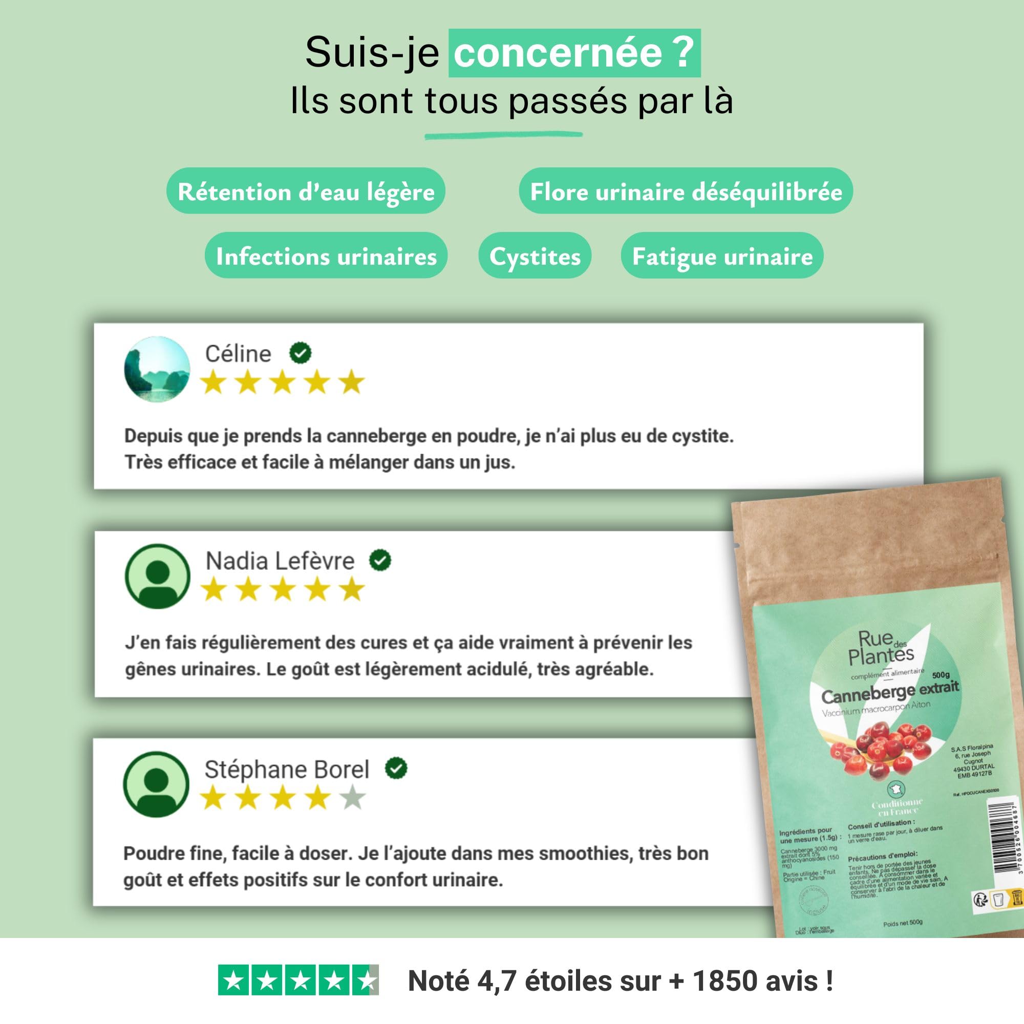 Canneberge Extrait 5% Poudre 500 g – Source d’Antioxydants Naturels, Soutient le Confort Urinaire & la Protection Cellulaire | Conditionnée en France, RUE DES PLANTES