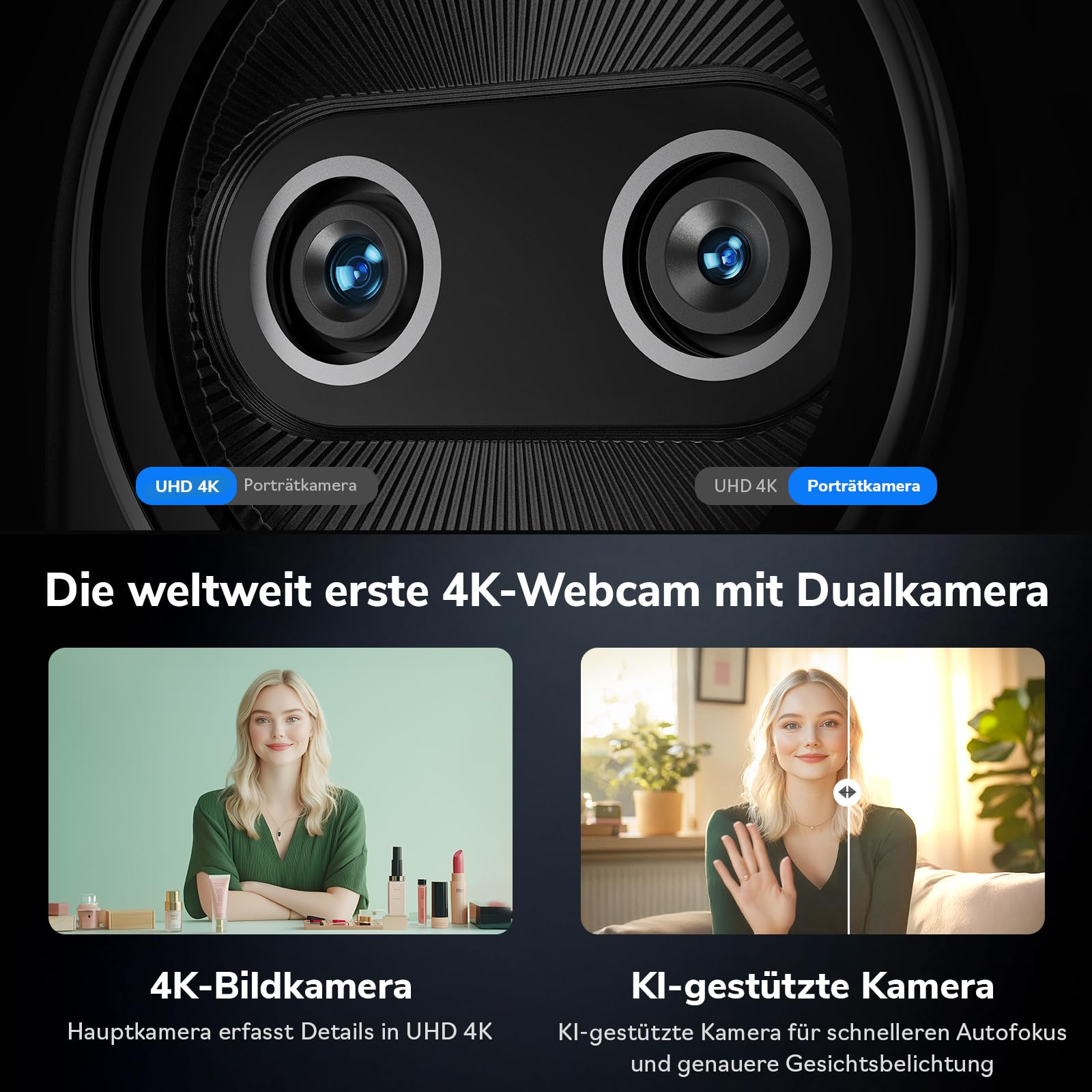 EMEET Piko+ Webcam 4K, KI-Fokus, für PC/Mac/Switch 2, Homeoffice | Mit 1/2.55'' Sony-Bild｜Dual-Fokus｜Panda-Privatsphäre｜Für Curved Monitor｜Plug & Play via USB｜Top für Videocalls