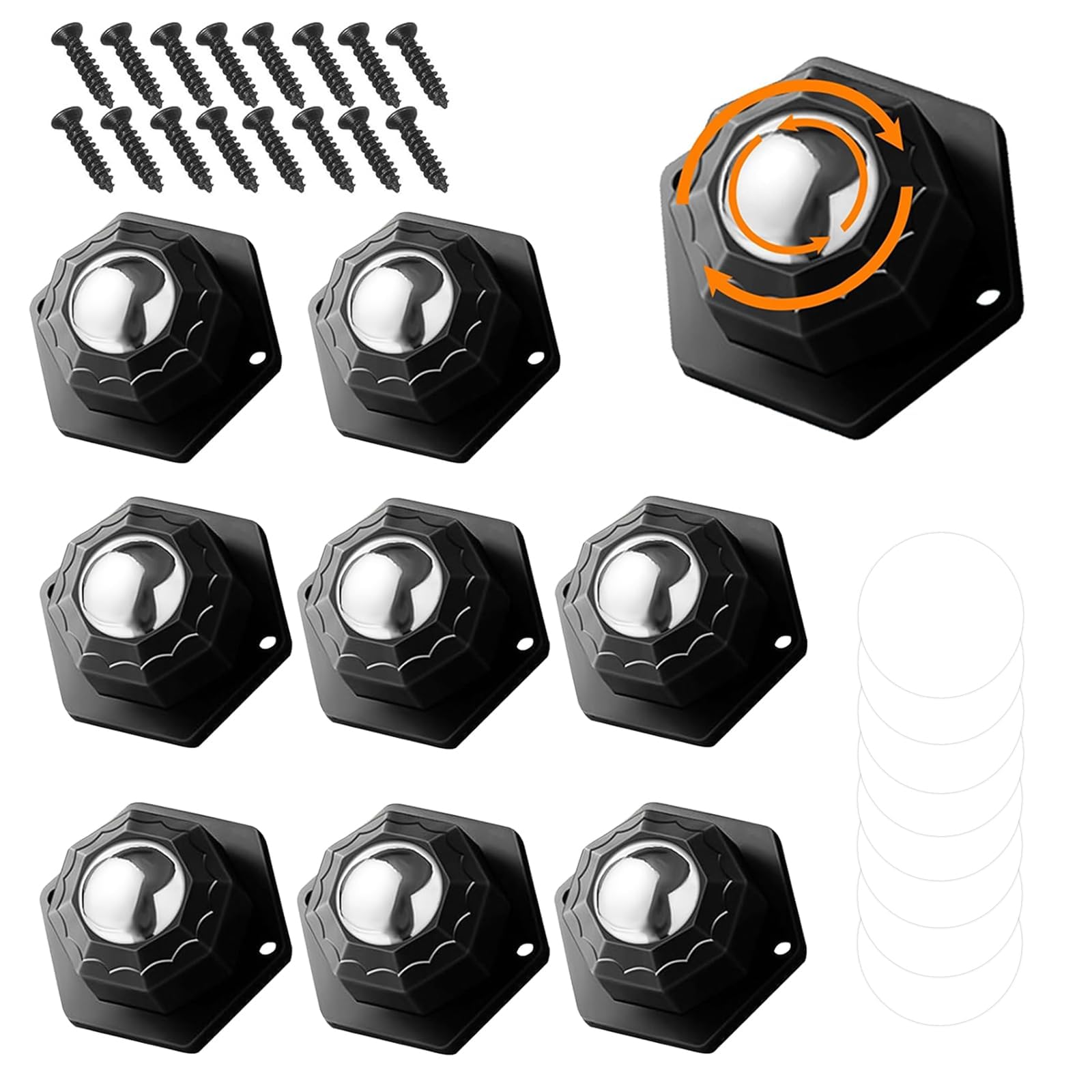 PARFCO 8 Stück Schwerlast Möbelrollen, Schwarz, 360° Drehbar, Max. 300 kg pro Rolle, Selbstklebende Installation, aus Kunststoff und 304 Edelstahl, für Möbel und Aufbewahrungsboxen