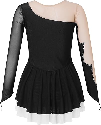 Miniatura 2 de JEATHA Vestido de patinaje sobre hielo con diamantes de imitación, malla de empalme, tutú, falda de leotardo, vestido de baile