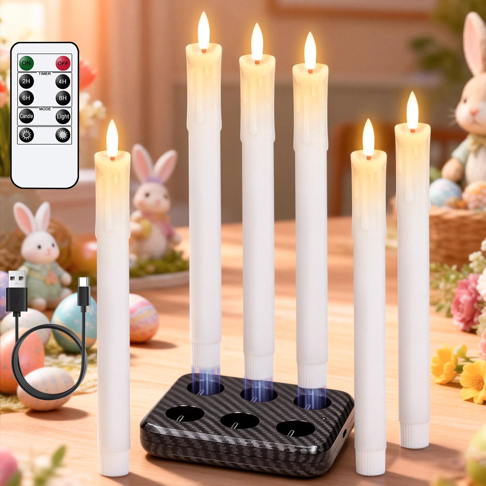 Eldnacele Flameless Flickering Taper Candles with 2 Remote Controls and Timer, Real Wax 3D Wick Light Window Candles Battery Operated Pack of 8, Christmas Home Wedding Decor (Ivory, 0.78 X 9.64 Inch) — view 15