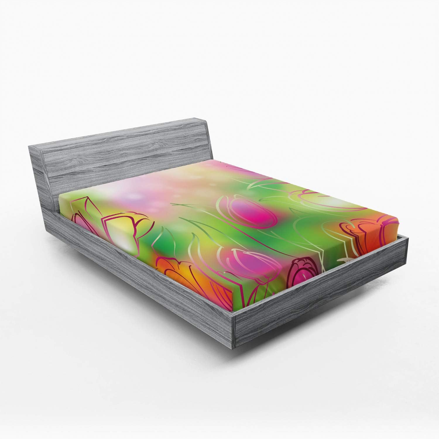 Ambesonne Flower Fitted Sheet, Silhouettes of Tulips on a Dreamy Background Modern Graphic Print Art Urban Style, Bed Cover with All-Round Elastic Deep Pocket for Comfort, King Size, Pink Green