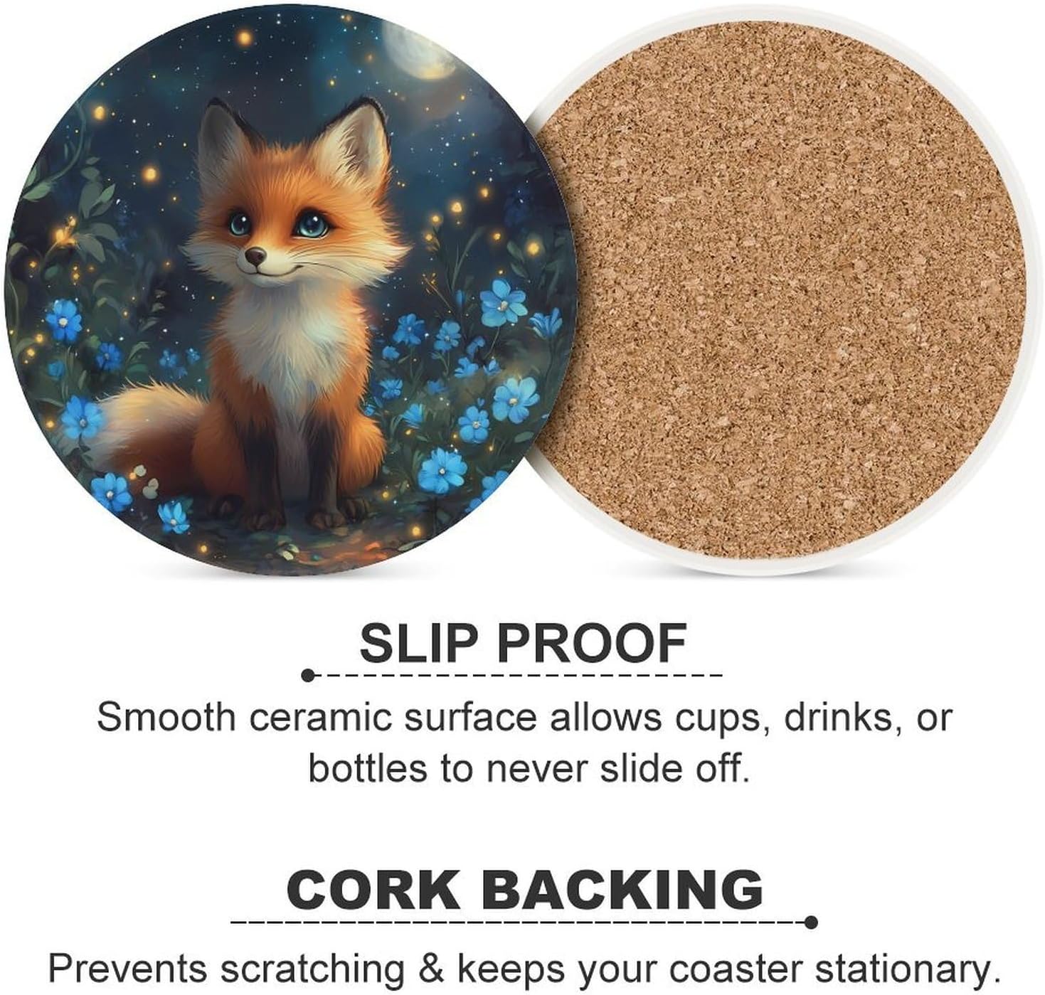 Fox Flowers Coasters for Drink Round Ceramic Coaster with Cork Base Home Decorative 6PCS