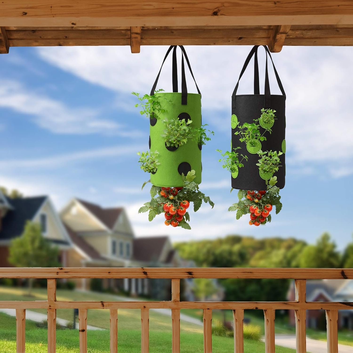 2 Pack Black and Green Upside Down Tomato & Herb Planter, Hanging Durable Aeration Fabric Strawberry Planter Bags - Image 7