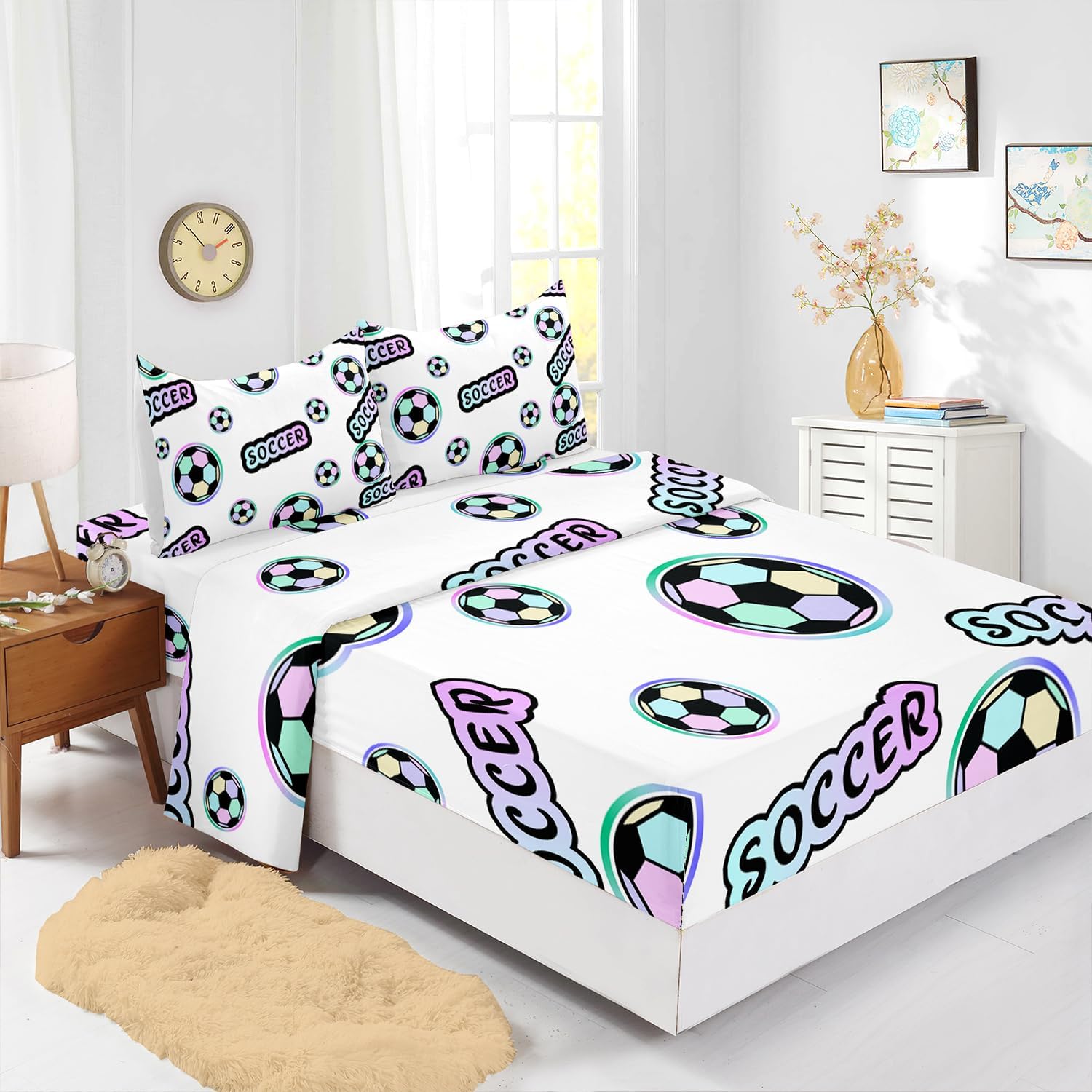 Colorful Soccer Print Themed Sheet 4Pcs Twin Gaming Sport Soccer Bedding Set for Kid Teen Girl Boy Adult Ball Sports Games Football Room Decor with 1 Flat Sheet+1 Fitted Sheet+2 Pillowcases