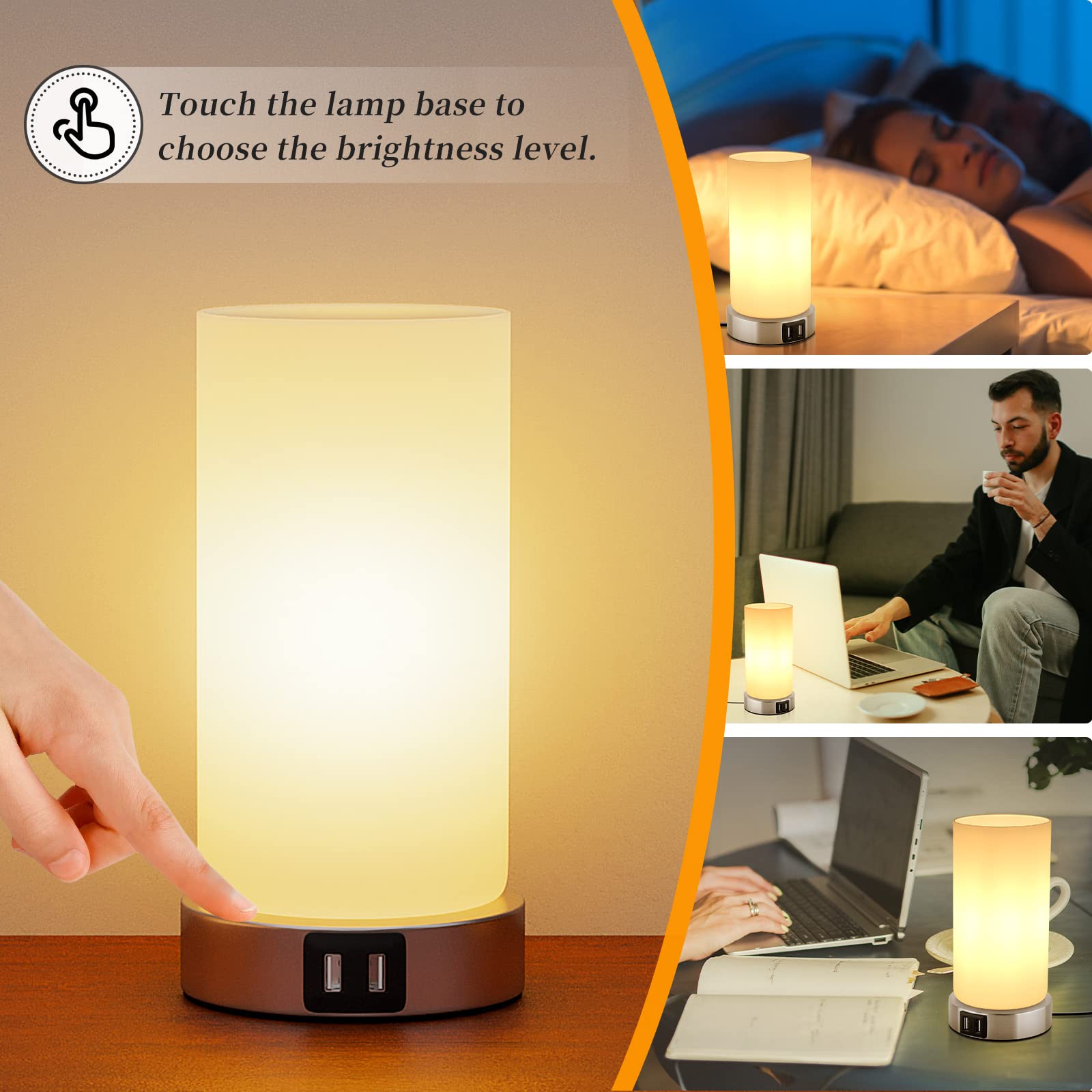 2 stuks nachtlampje, tafellamp touch dimbaar, E14 moderne tafellamp, 2 USB- aansluitingen, 3 helderheidsniveaus, voor slaapkamer, woonkamer, kinderkamer (bevat lichtbron/warm wit 2 stuks nachtlampje, tafellamp touch dimbaar, E14 moderne tafellamp, 2 USB- aansluitingen, 3 helderheidsniveaus, voor slaapkamer, woonkamer, kinderkamer (bevat lichtbron/warm wit
