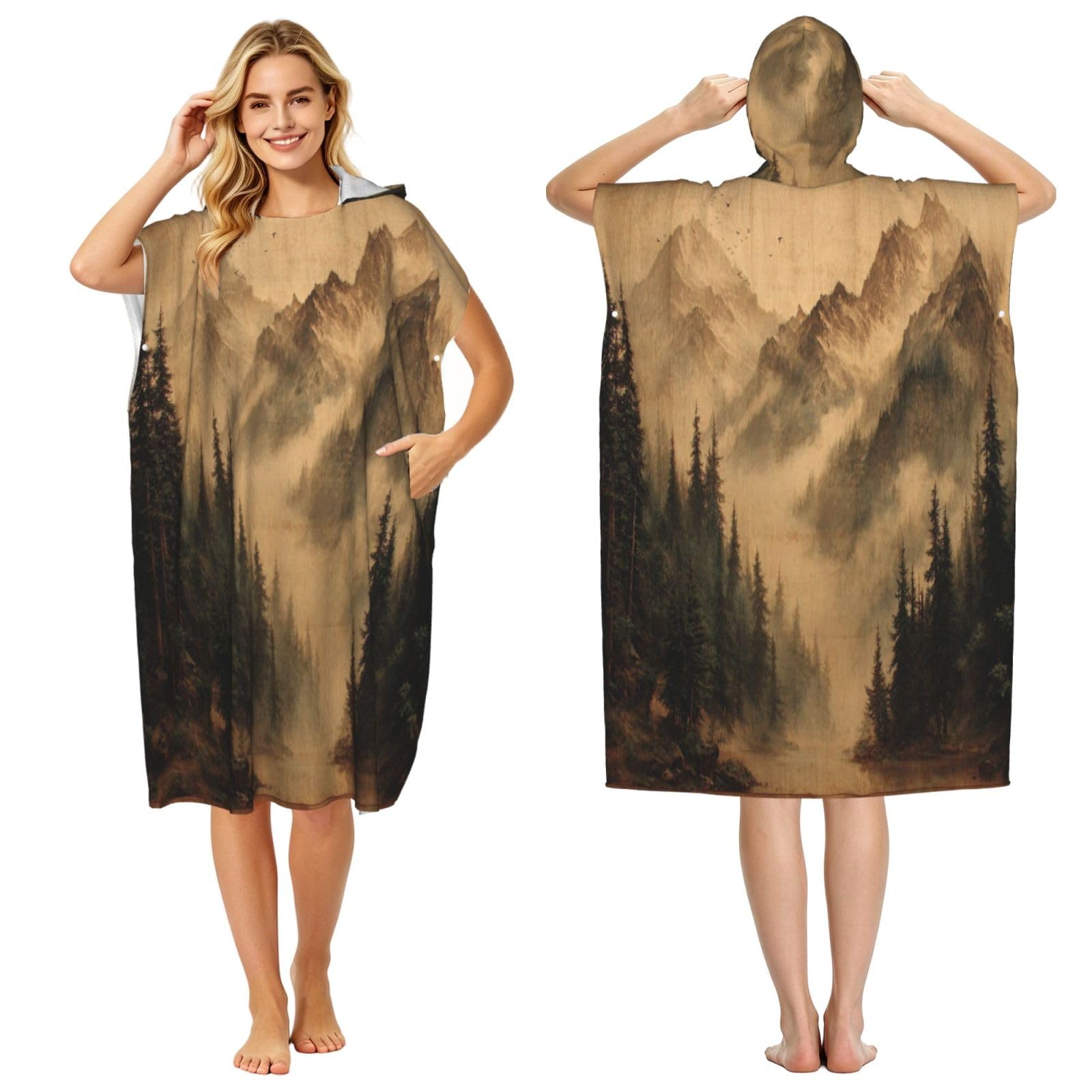DTHKJNLSF Ink Landscape Painting Adult Hooded Beach Poncho Towel