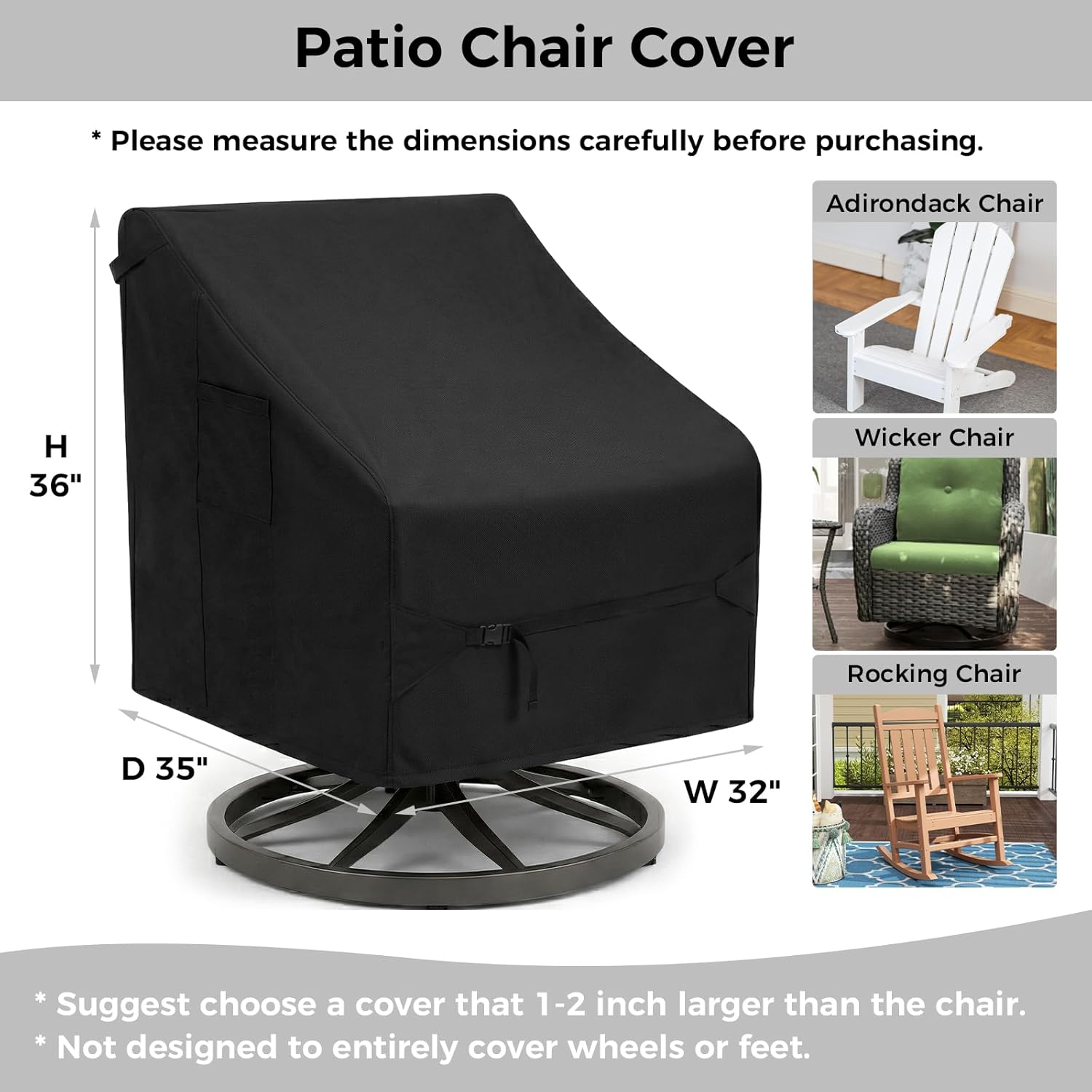 Dntorx 2 Pack Waterproof Patio Chair Covers, 32W x 35D x 36H Inches Durable Patio Furniture Covers with 1 Handbag for Lounge Deep Seat, Adjustable Waist Belt & Windproof & Breathable(Black)