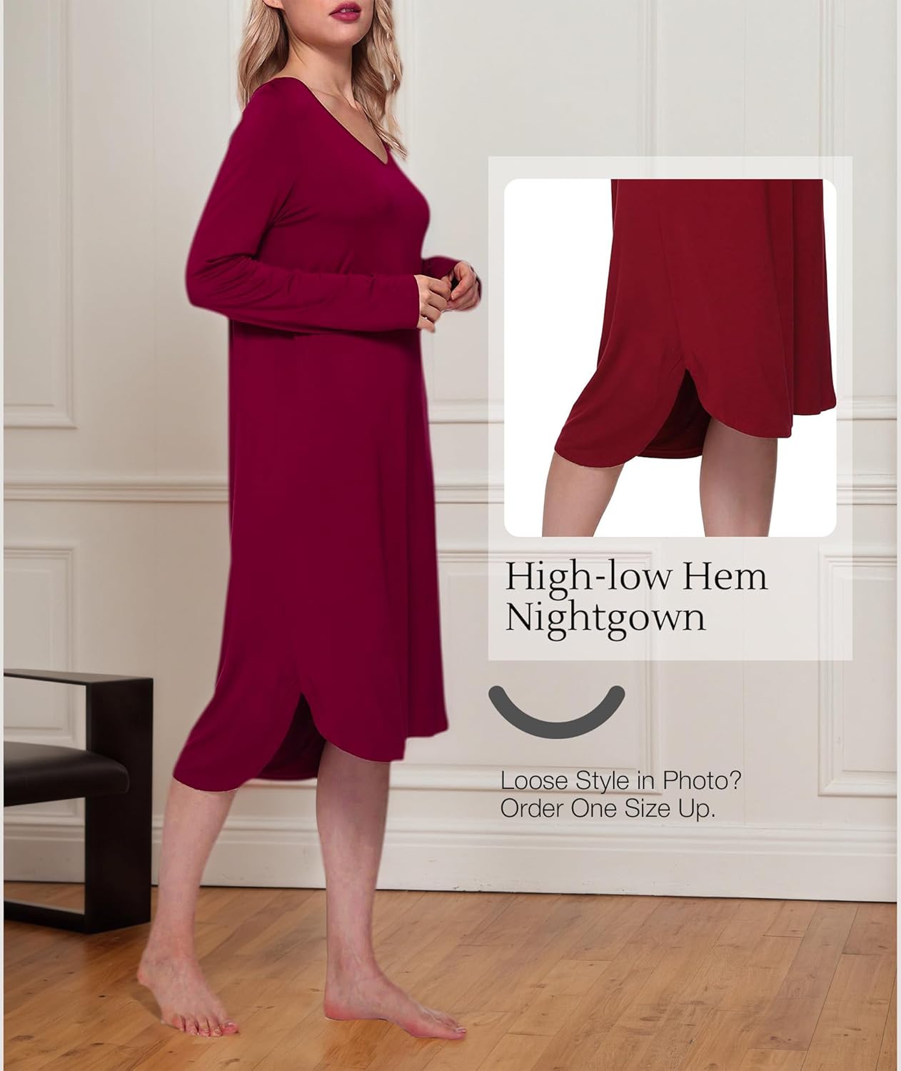 GYS Bamboo Viscose Nightgowns for Women, Soft Long Sleeve V Neck Night Shirts Sleepwear, Below the Knee Long Nightgown Pajama - Image 5