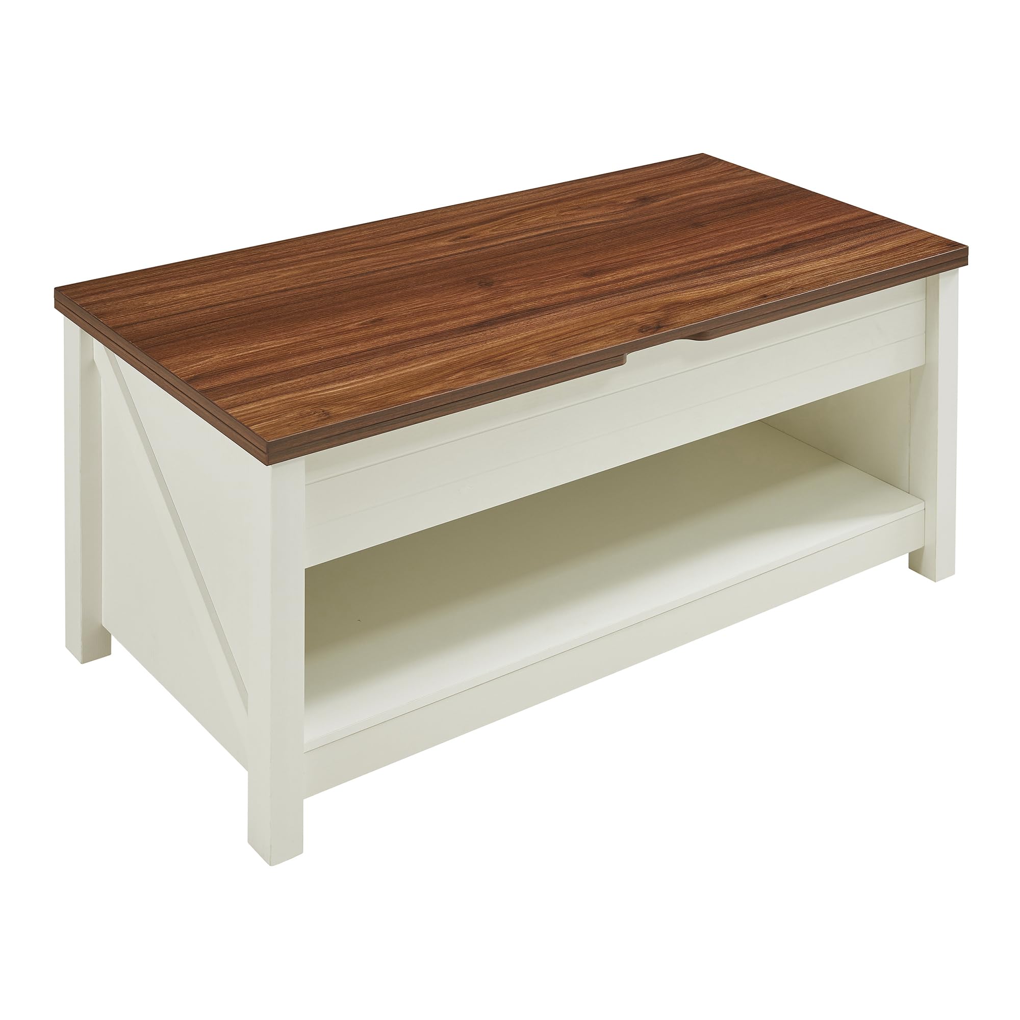 [en.casa] Table Basse de Salon avec Plateau Relevable Compartiment de Rangement Étagères Piètement Stable Panneau de Particules 110 x 55 x 54 cm Effet Noyer Blanc