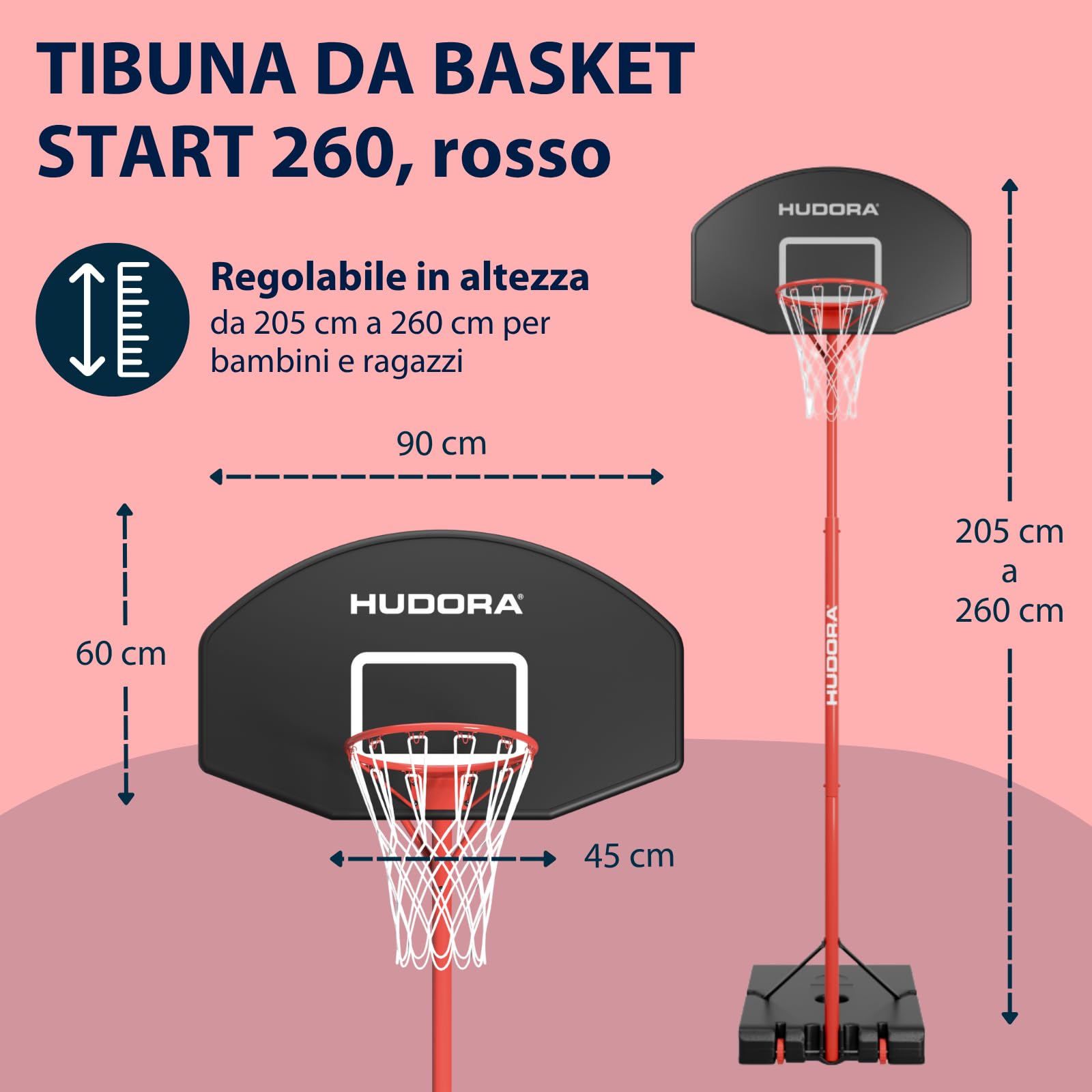 HUDORA Start 260 - Supporto da basket regolabile in altezza da 205 a 260 cm, con supporto per bambini e ragazzi