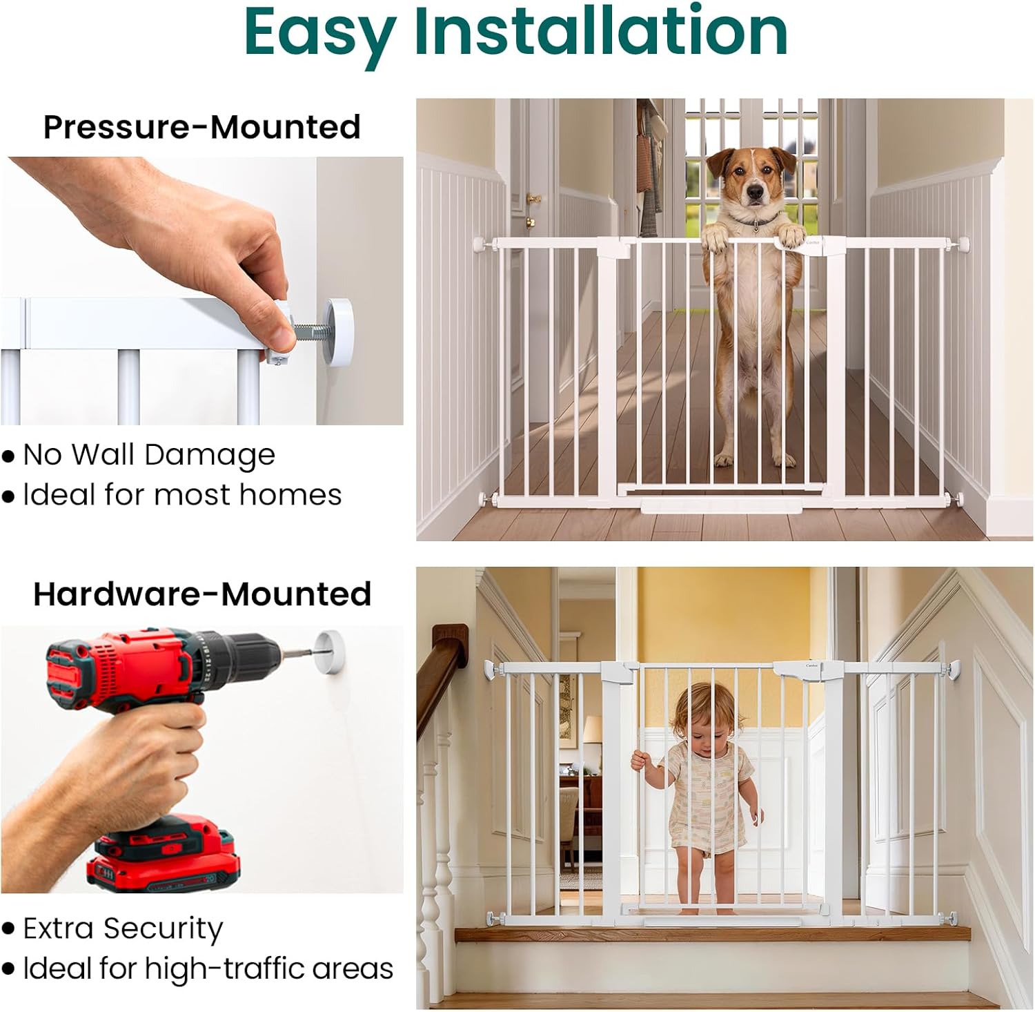 Cumbor 30-54" Extra Wide Baby Gate for Stairs, Dual Lock & Self-Closing Dog Gate Indoor, Easy Install Pet Gate for Doorways, Hallways & Kitchen, Easy Walk Thru Safety Proofing for Babies & Pets, White