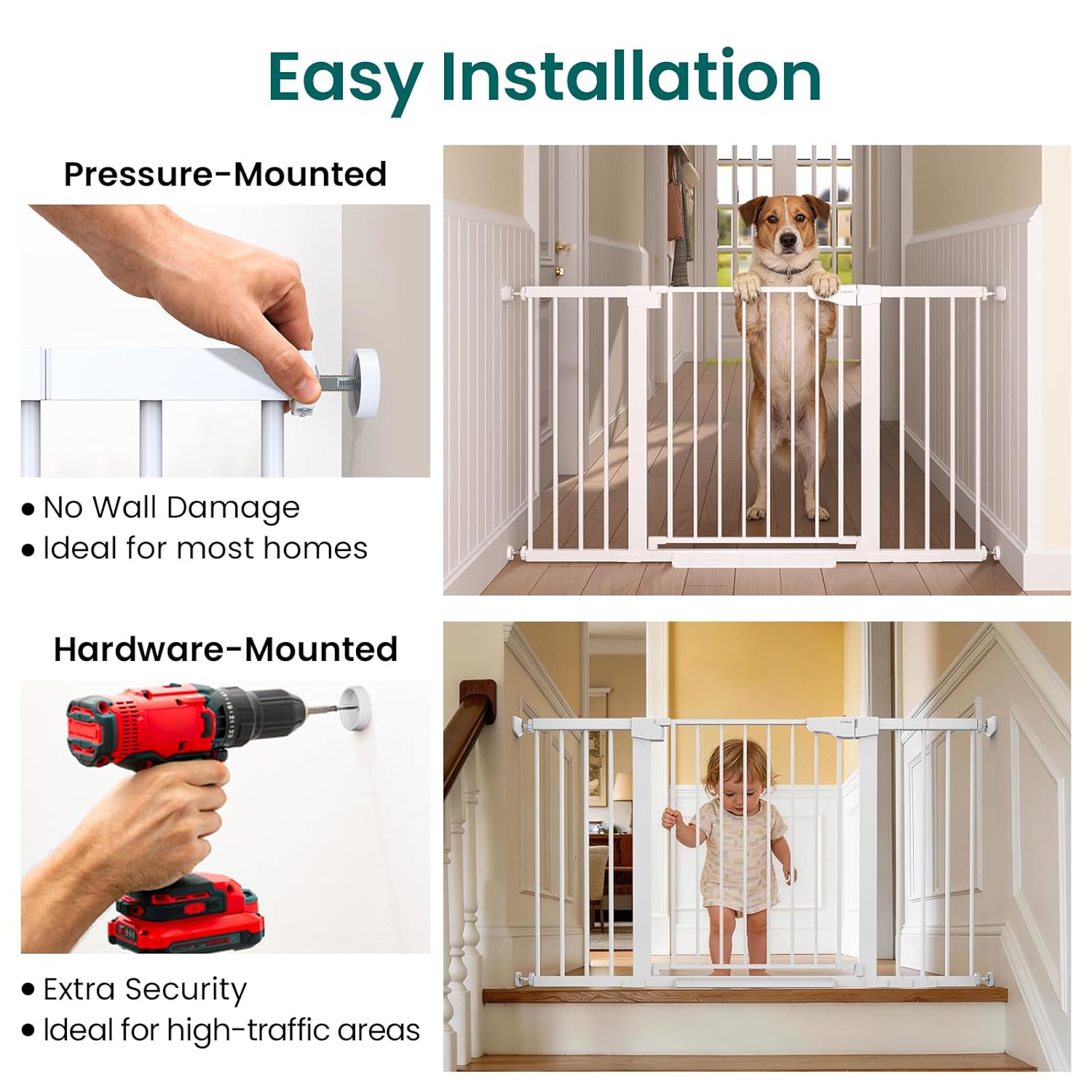 Cumbor 30-54 Extra Wide Baby Gate for Stairs, Dual Lock & Self-Closing Dog Gate Indoor, Easy Install Pet Gate for Doorways, Hallways & Kitchen, Easy Walk Thru Safety Proofing for Babies & Pets, White