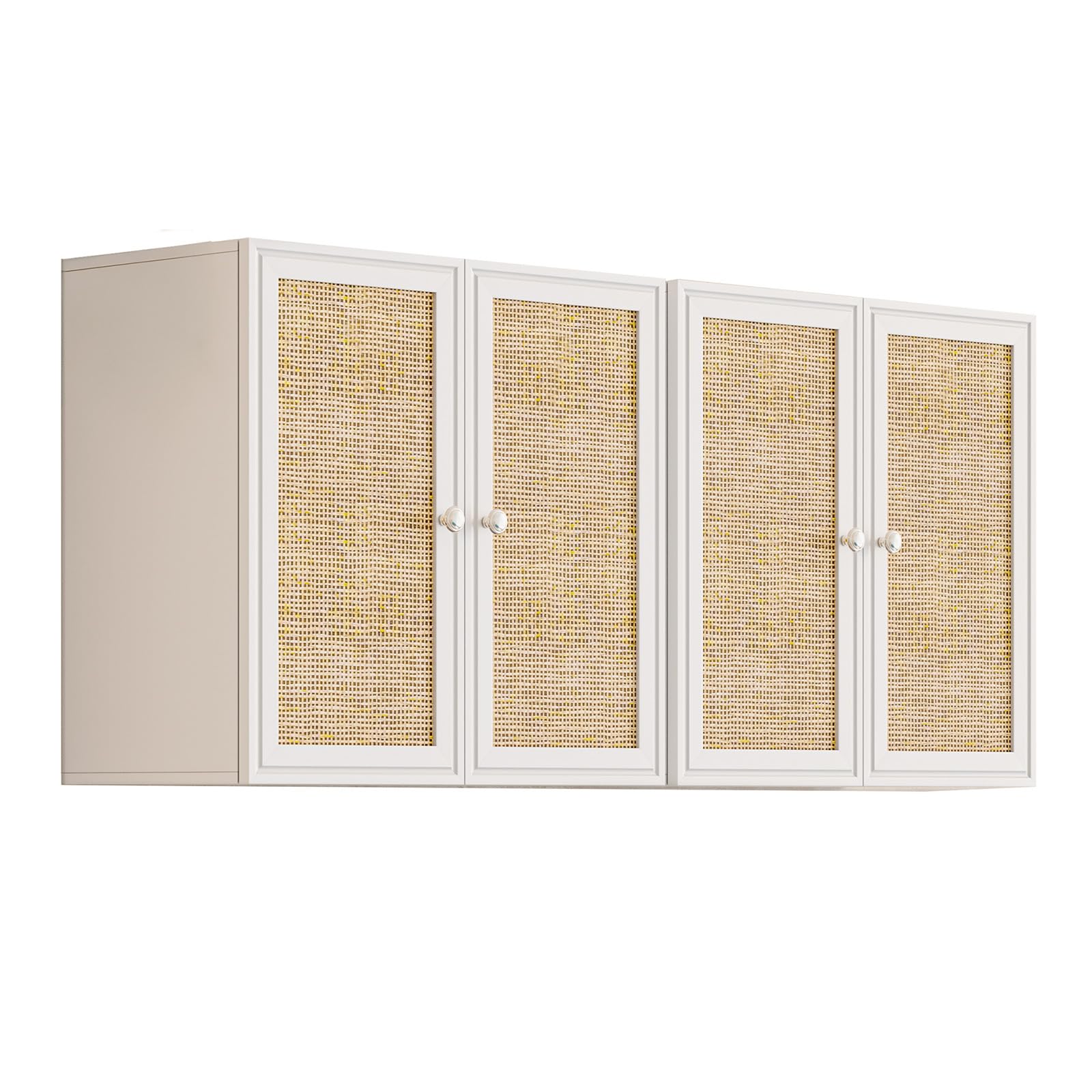 Laundry Room Cabinets with Lights, 24INCH Bathroom Cabinets Wall Mounted with Adjustable Shelves, Rattan Wall Cabinet for Bedroom, Kitchen, Bathroom (2PCS, White)