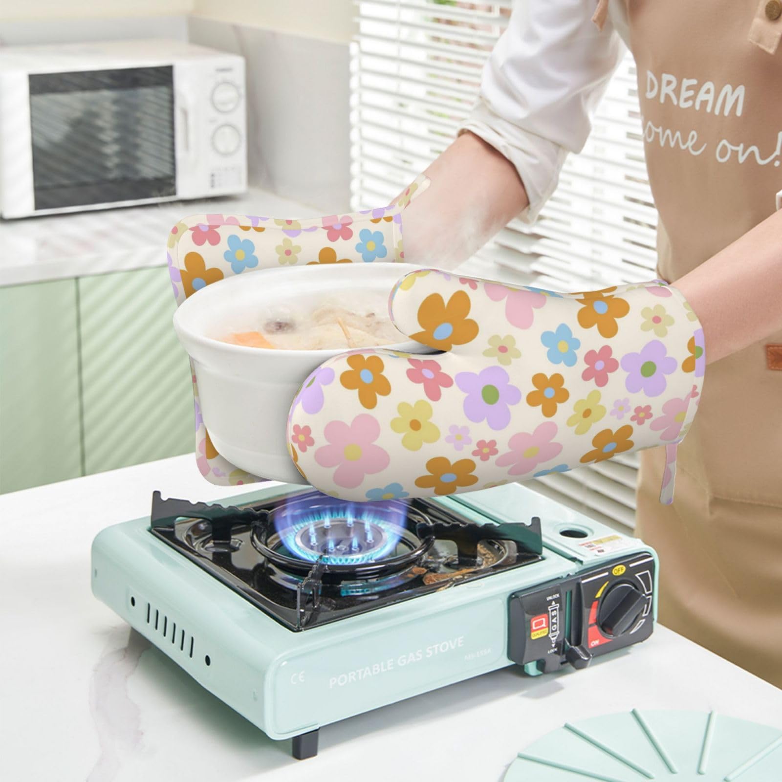 Lot de 4 maniques et maniques Hippie Fleurs | Moufles de cuisine en silicone abstraites et groovy - Motif floral - Pour cuisine, chef, barbecue, barbecue