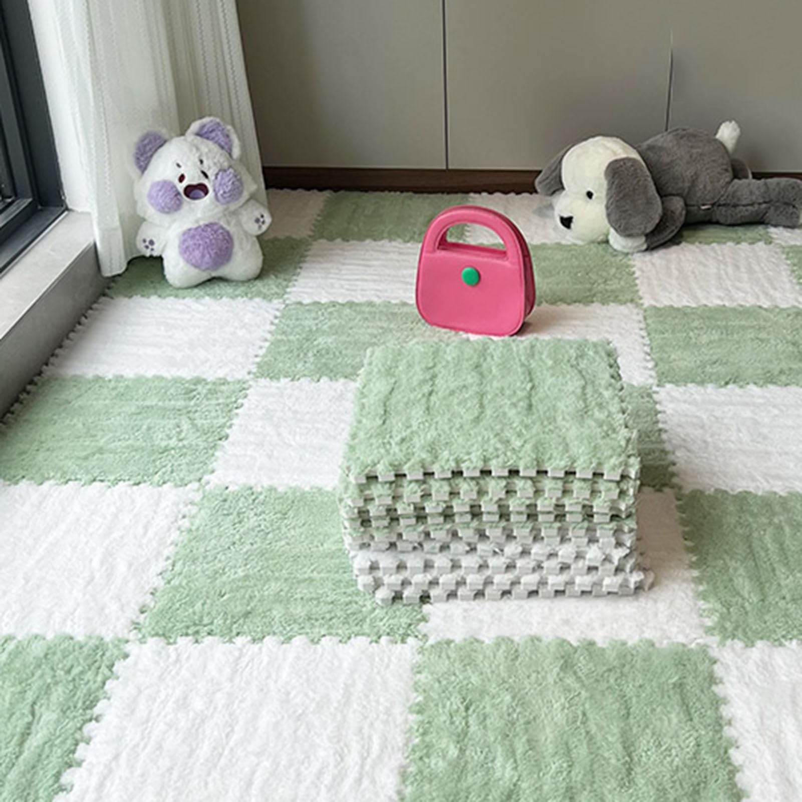 Pluszowa mata podłogowa, patchworkowe płytki dywanowe, 20-częściowa mata z pianki puzzle, miękka, puszysta mata podłogowa, kwadratowa, antypoślizgowa mata do wspinaczki, jedna w drugiej, biała