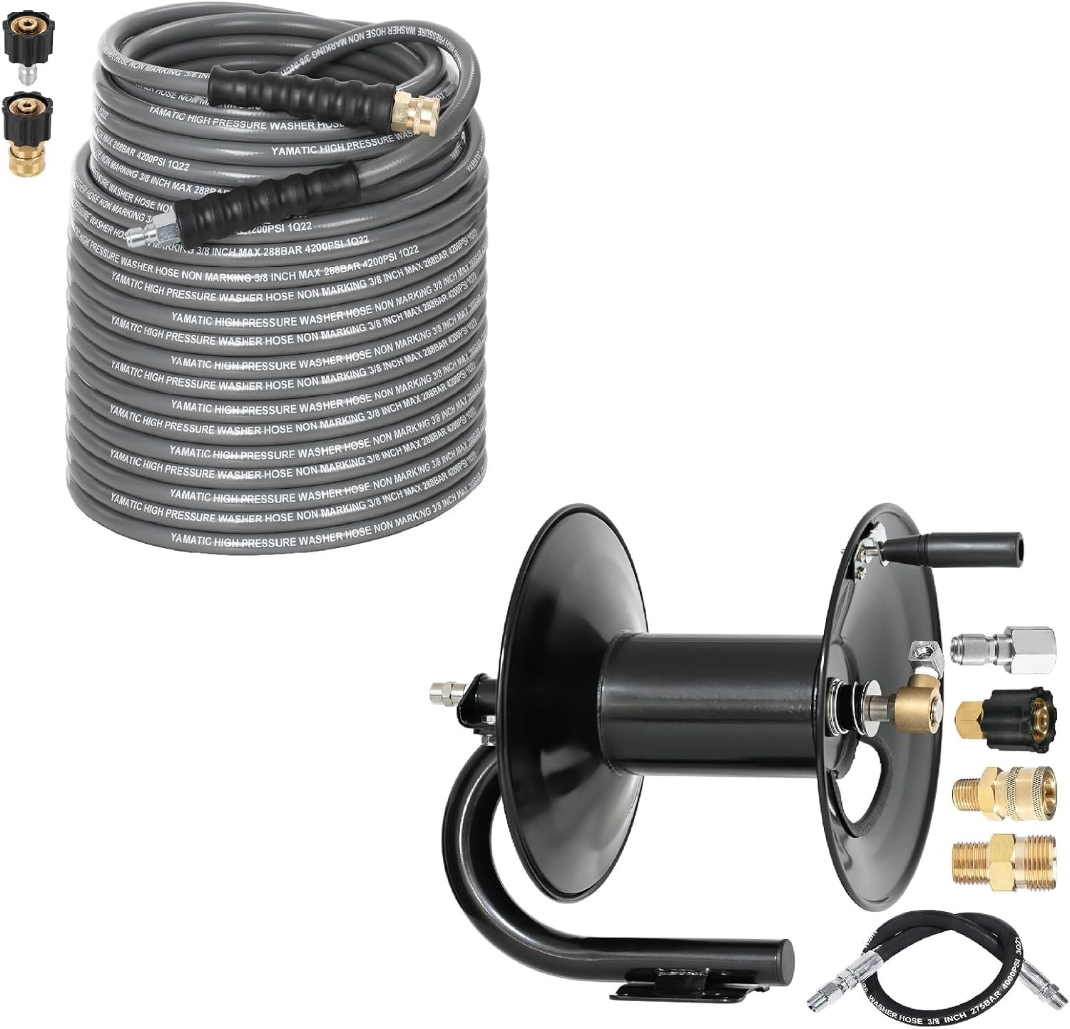 YAMATIC Non Marking 3/8" 4200 PSI Pressure Washer Hose 150 FT & Pressure Washer Hose Reel 150 ft with Jumper Hose 3ft